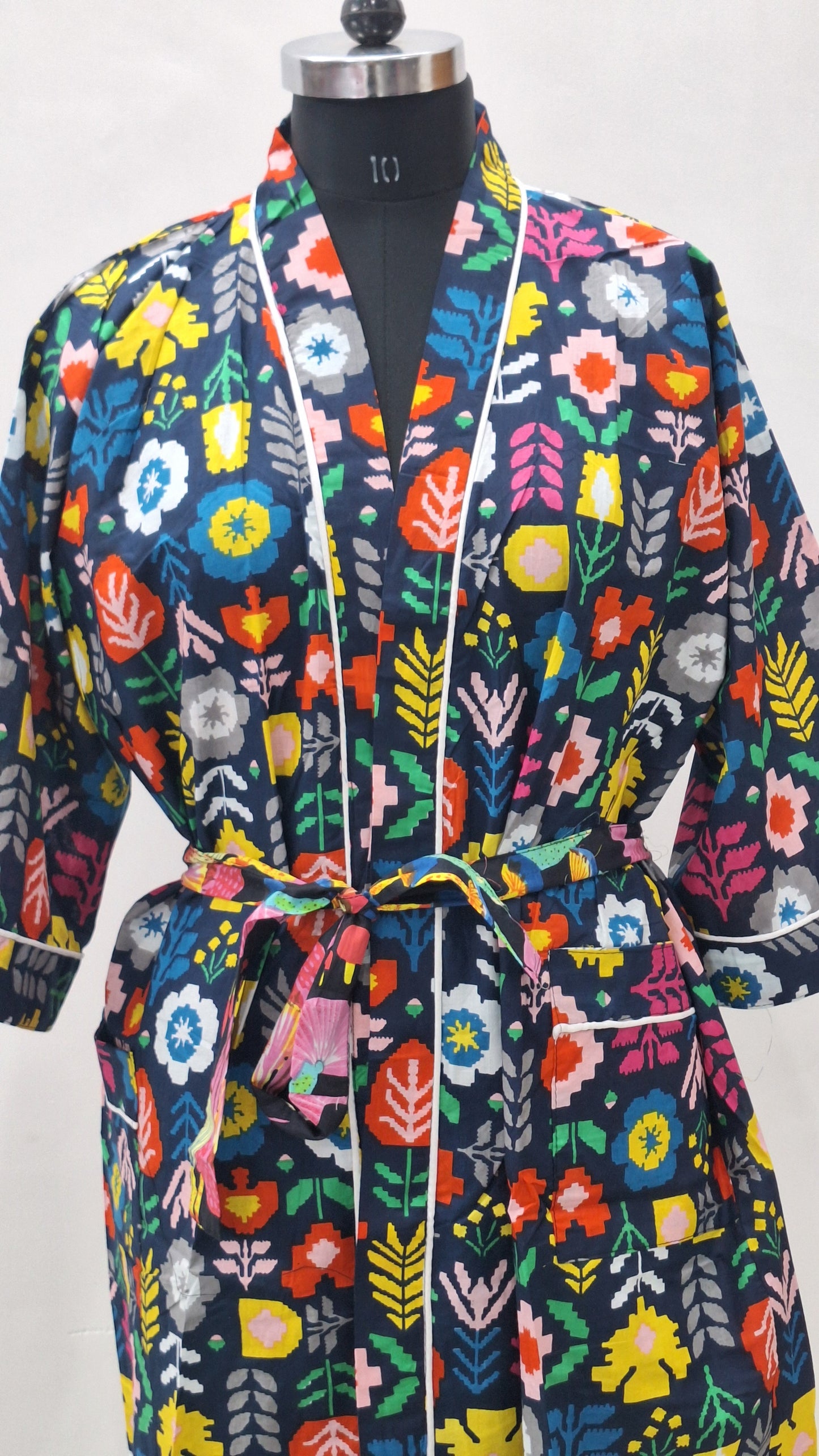Vibrant Botanical Print Cotton Bathrobe  100% Cotton Cambric Unisex Robe