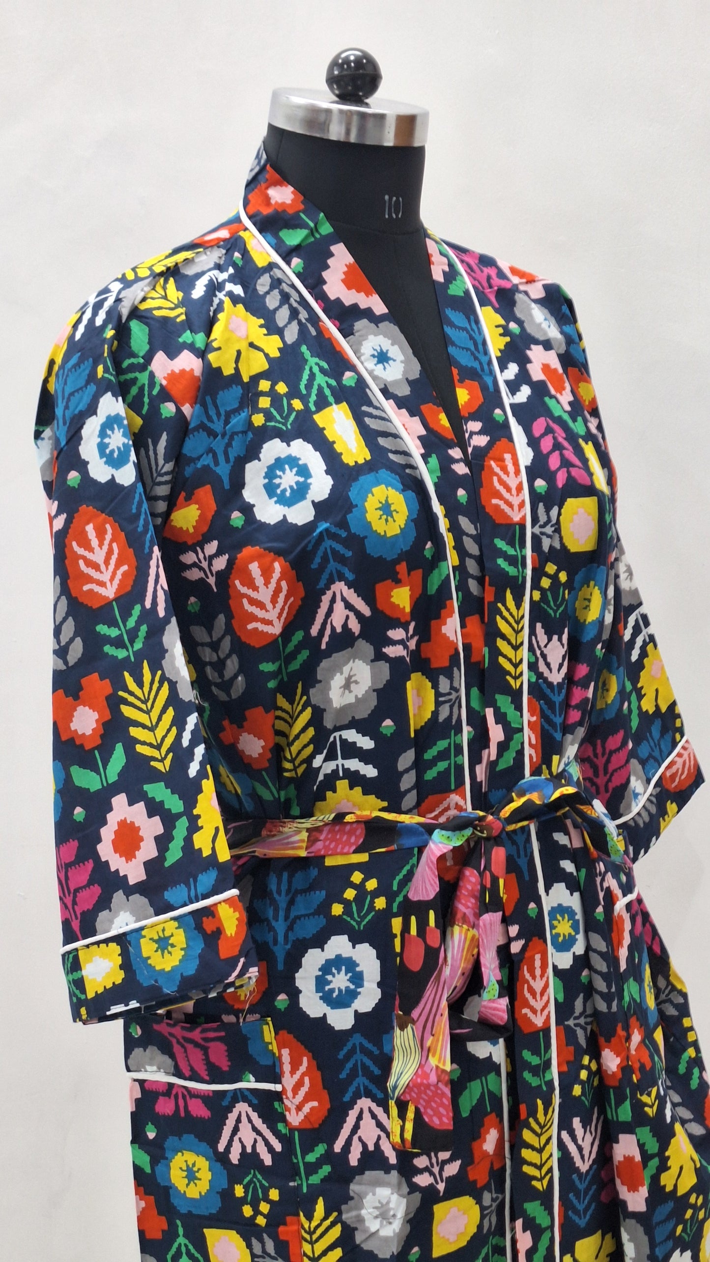 Vibrant Botanical Print Cotton Bathrobe  100% Cotton Cambric Unisex Robe