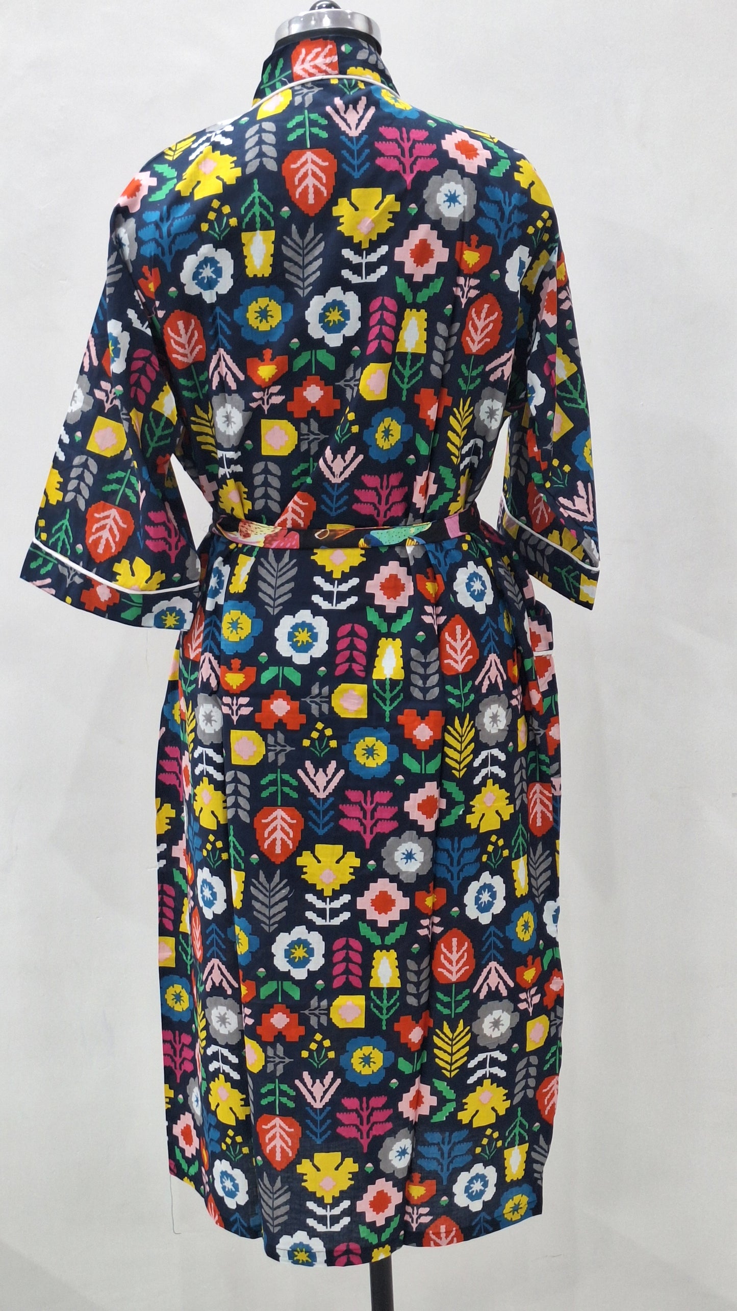 Vibrant Botanical Print Cotton Bathrobe  100% Cotton Cambric Unisex Robe