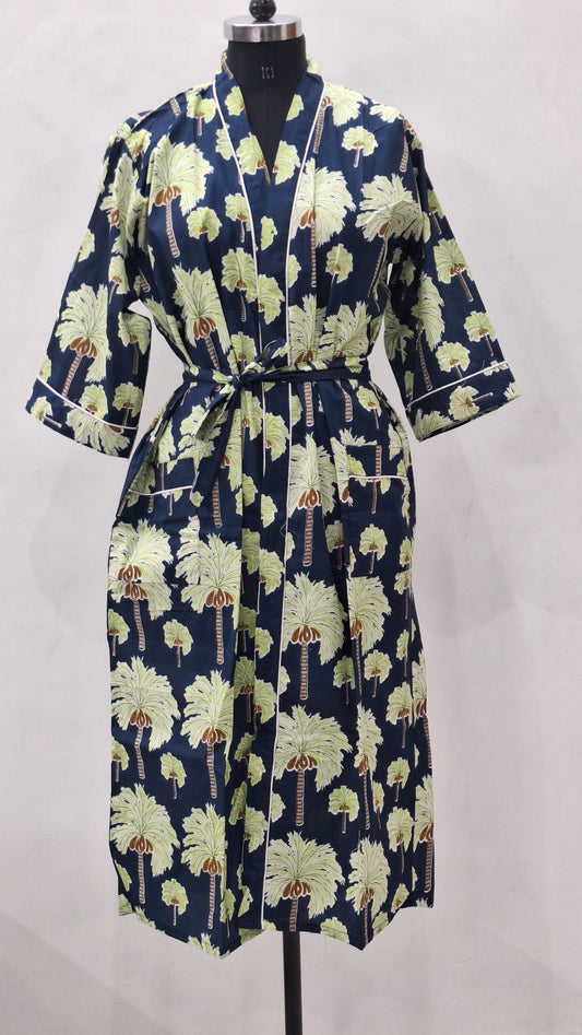 Ethnic Tree Print Unisex Cotton Cambric Bathrobe  48 Inch  Lightweight Cotton