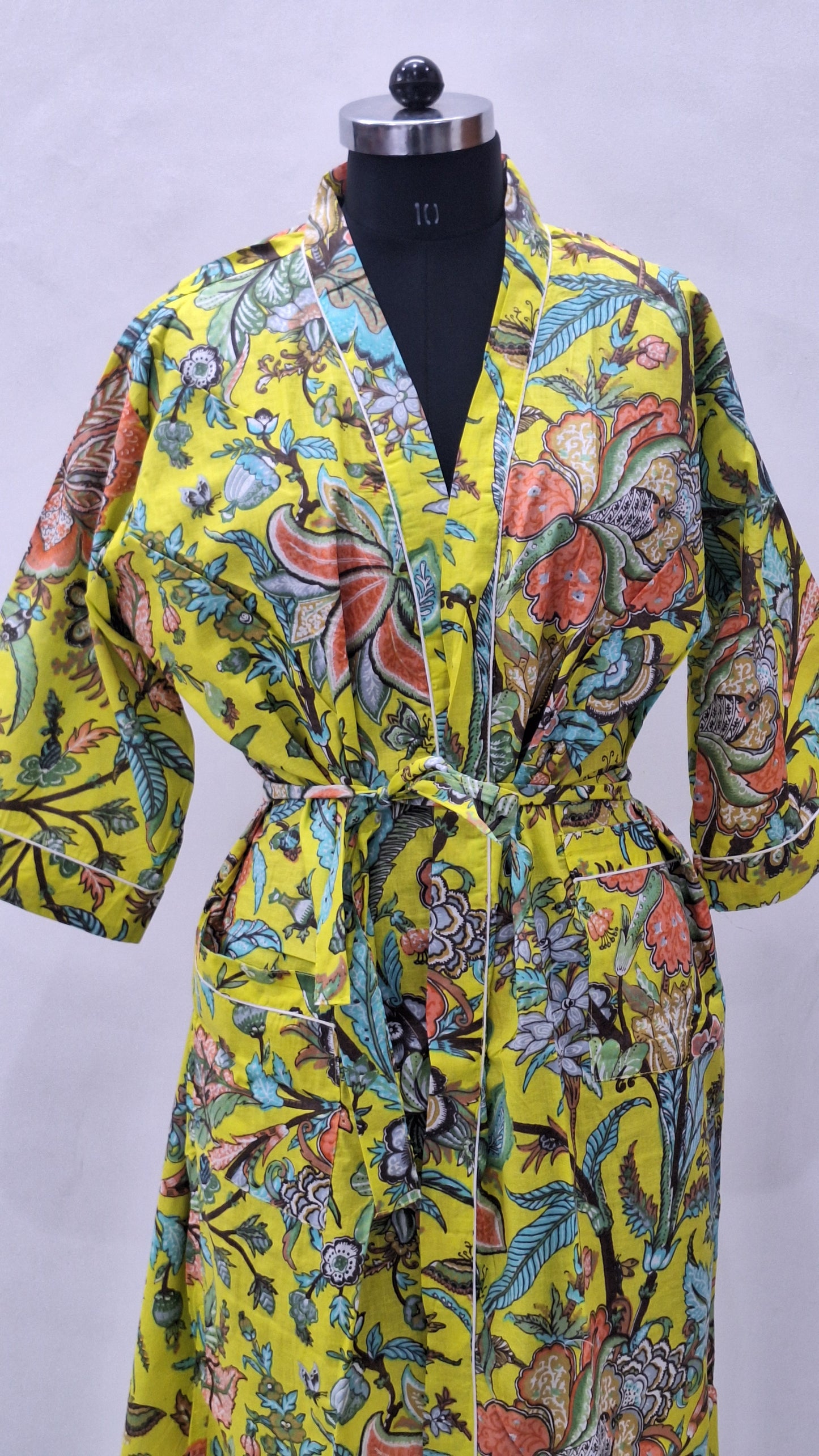 Yellow Bloom Botanical Print Cotton Cambric Bathrobe