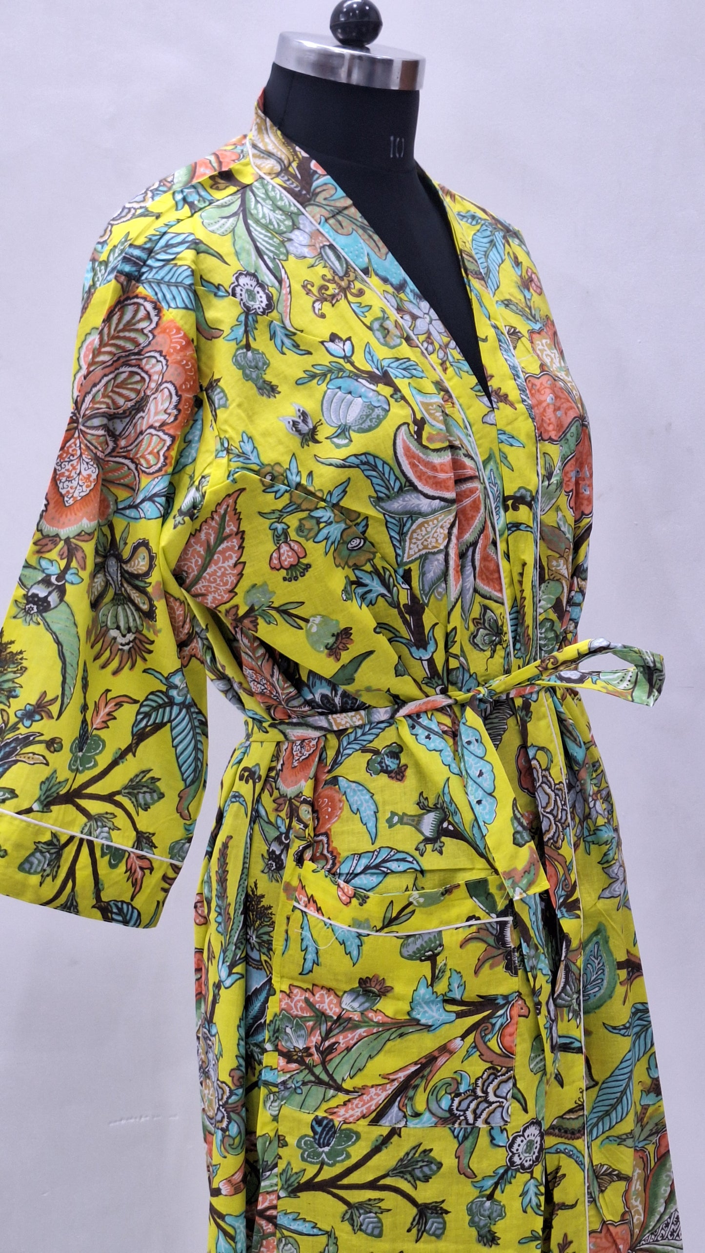 Yellow Bloom Botanical Print Cotton Cambric Bathrobe
