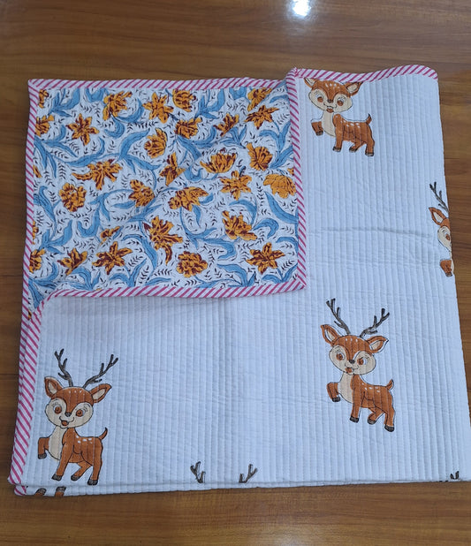 Woodland Deer & Floral Reversible Baby Quilt 40x40 Inches Soft Printed Cotton Baby Dohar