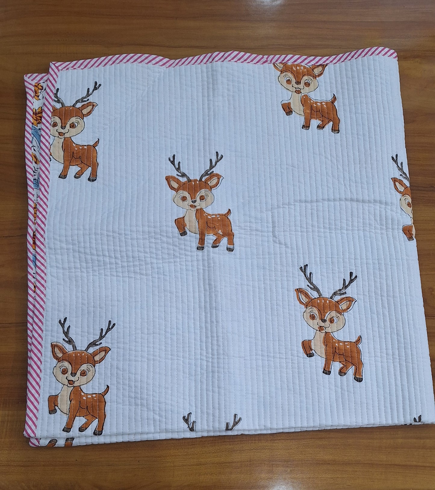Woodland Deer & Floral Reversible Baby Quilt 40x40 Inches Soft Printed Cotton Baby Dohar