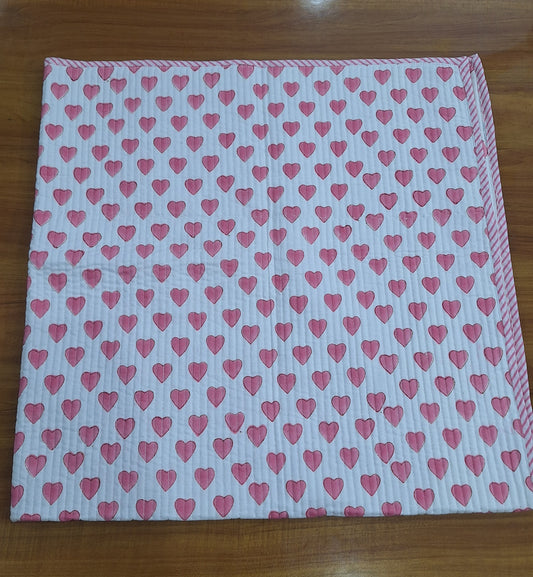 Pink Heart Print Baby Quilt 40x40 Inches Soft Cambric Cotton Baby Quilt with Surgical Cotton Filling (200 GSM)