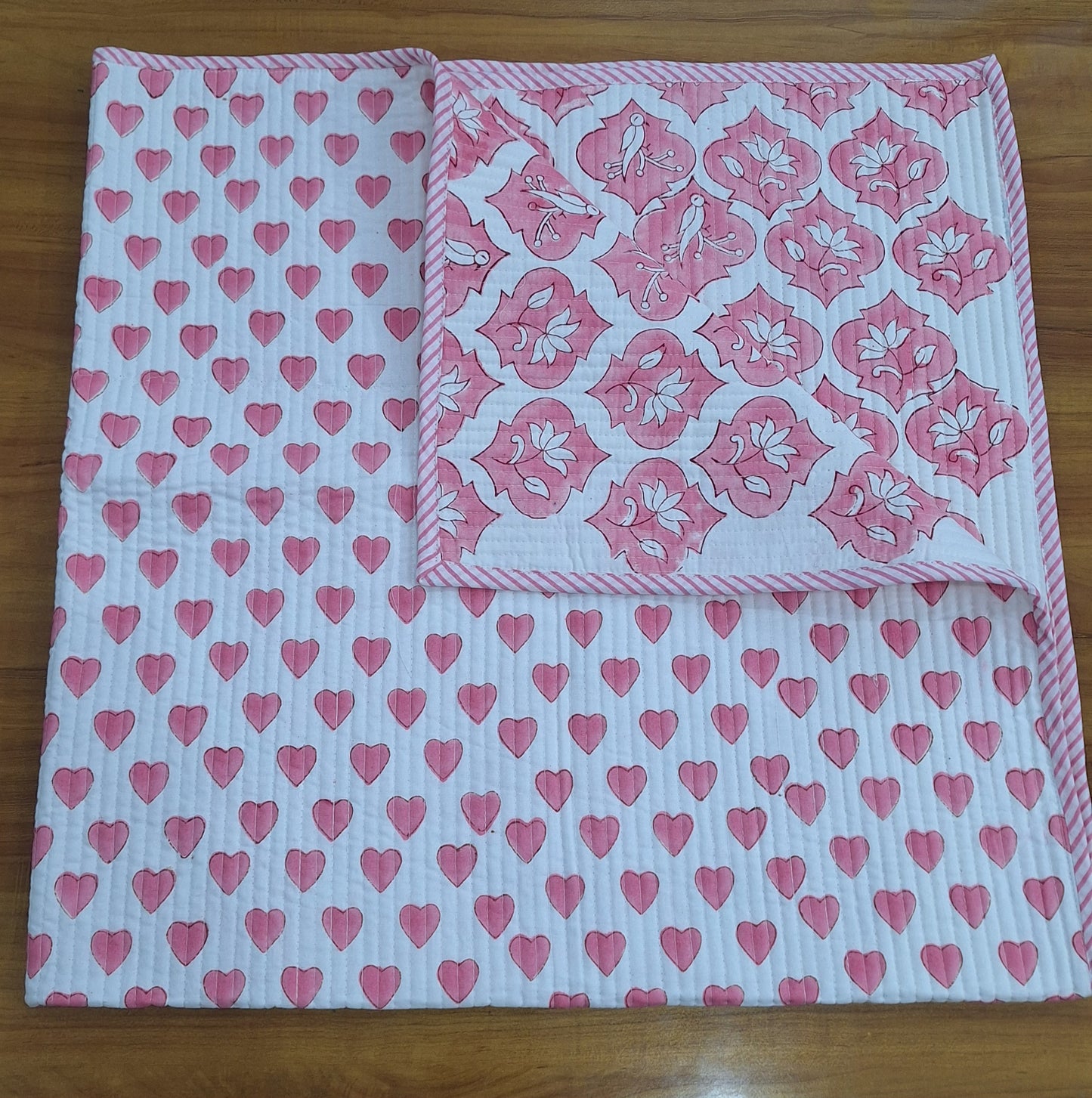 Pink Heart Print Baby Quilt 40x40 Inches Soft Cambric Cotton Baby Quilt with Surgical Cotton Filling (200 GSM)