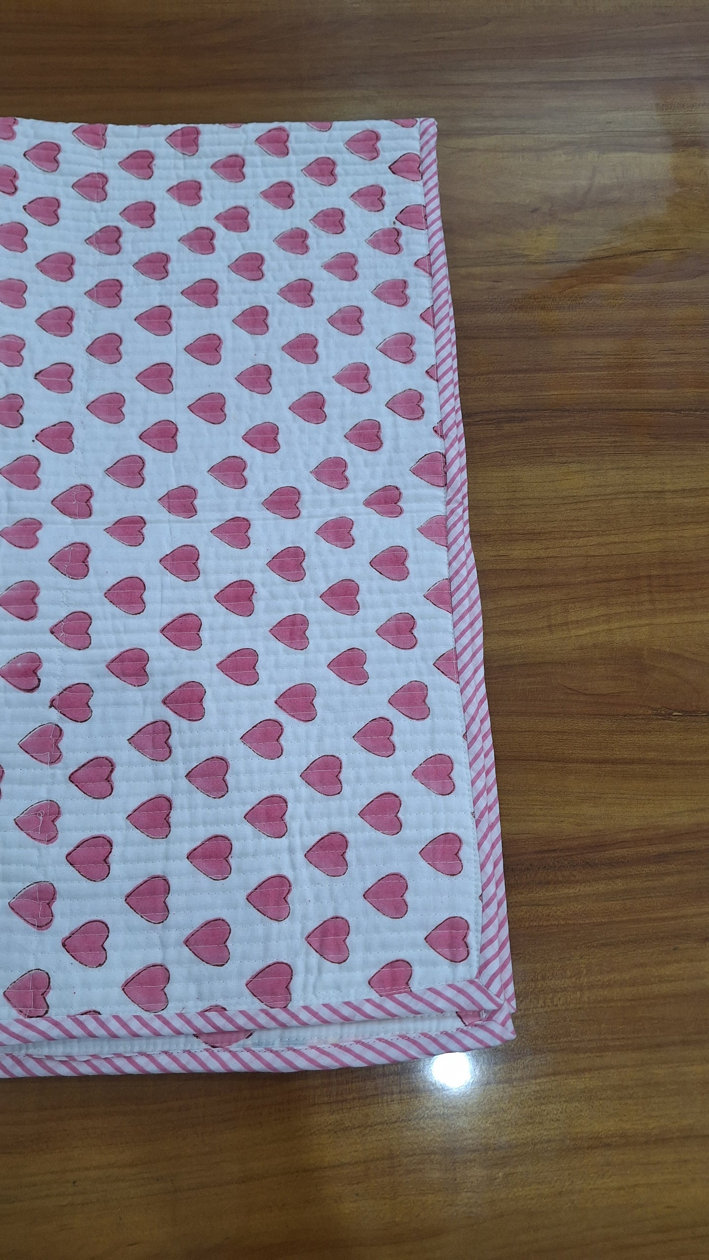 Pink Heart Print Baby Quilt 40x40 Inches Soft Cambric Cotton Baby Quilt with Surgical Cotton Filling (200 GSM)