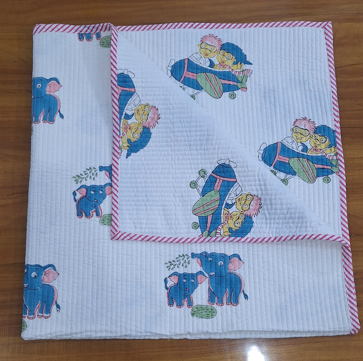 Elephant & Cartoon Airplane Print Baby Quilt 40x40 Inches Cambric Fabric Surgical Cotton Filling