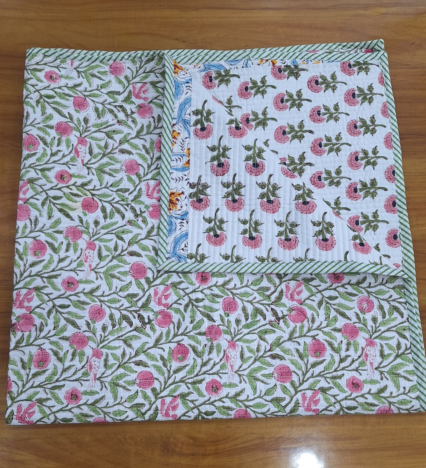 Handcrafted Pink Floral Baby Quilt 40x40 Inches Soft Cambric Cotton Baby Blanket with Surgical Cotton Filling (200 GSM)