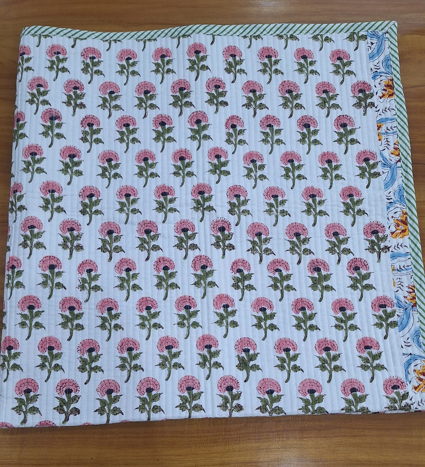 Handcrafted Pink Floral Baby Quilt 40x40 Inches Soft Cambric Cotton Baby Blanket with Surgical Cotton Filling (200 GSM)