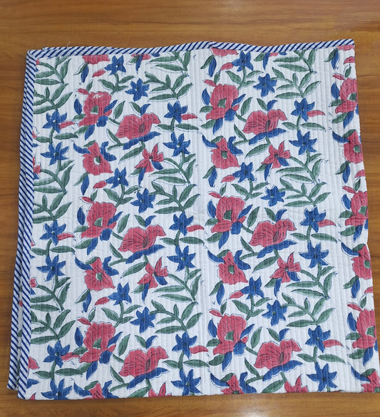 Classic Floral Bloom Reversible Baby Quilt (Red & Blue) – 40x40 Inches