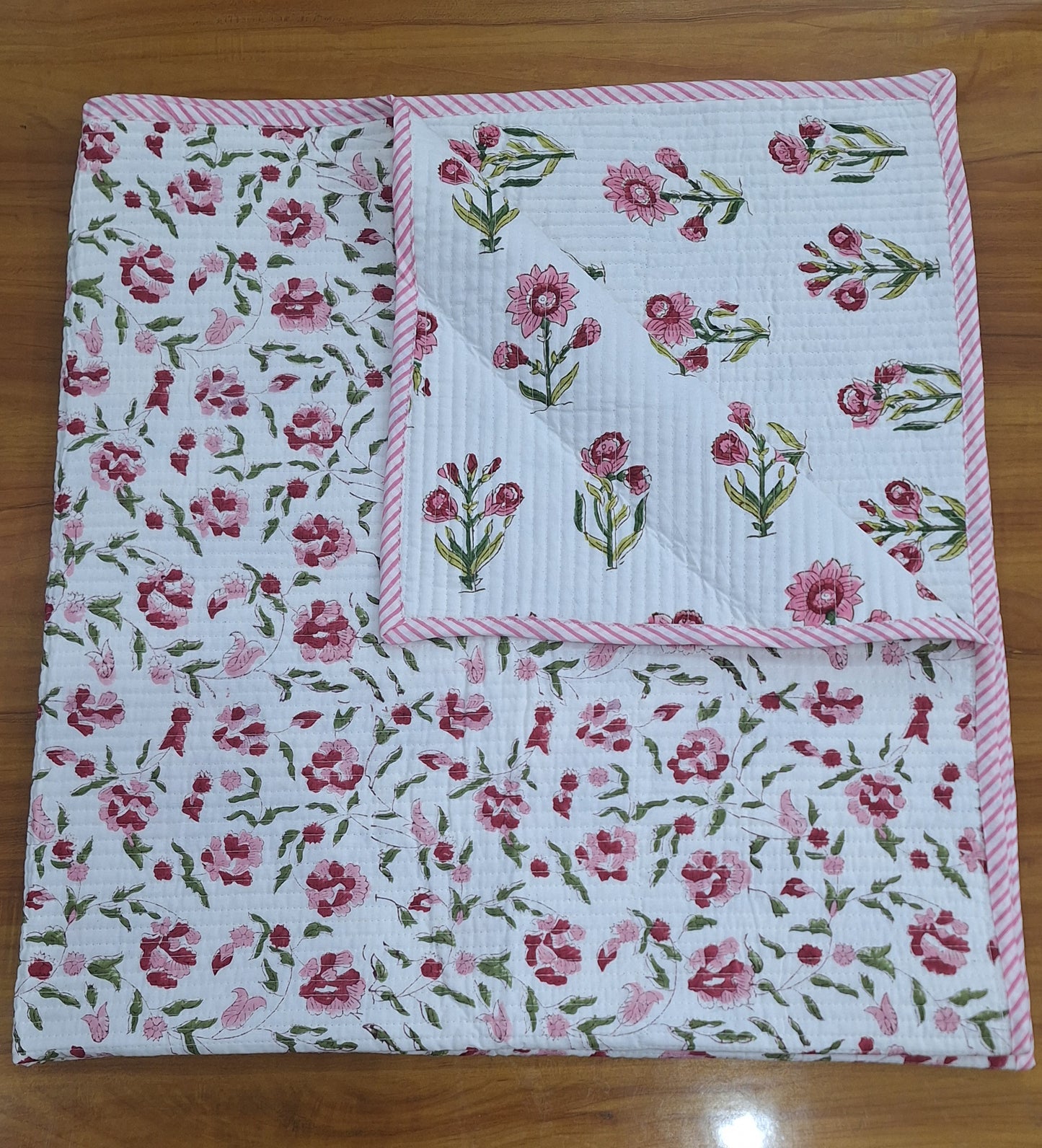 Pink Wildflower Print Reversible Baby Quilt 40x40 Inches