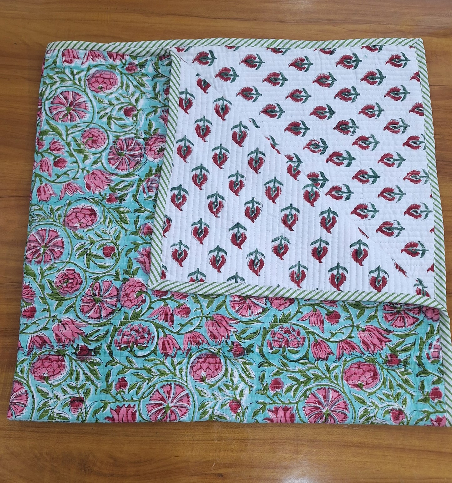 Aqua Blossom & Bud Print Reversible Baby Quilt