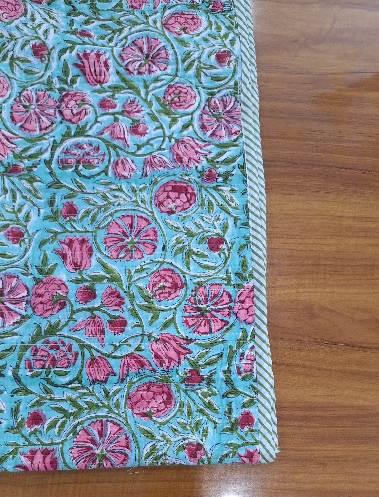 Aqua Blossom & Bud Print Reversible Baby Quilt