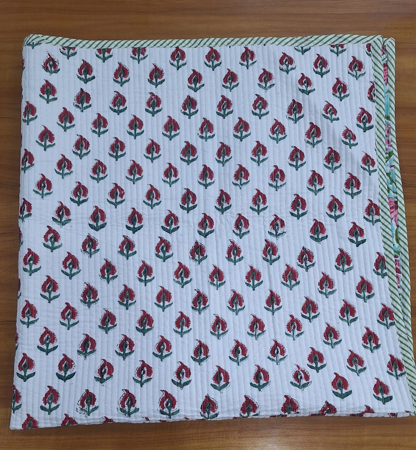 Aqua Blossom & Bud Print Reversible Baby Quilt