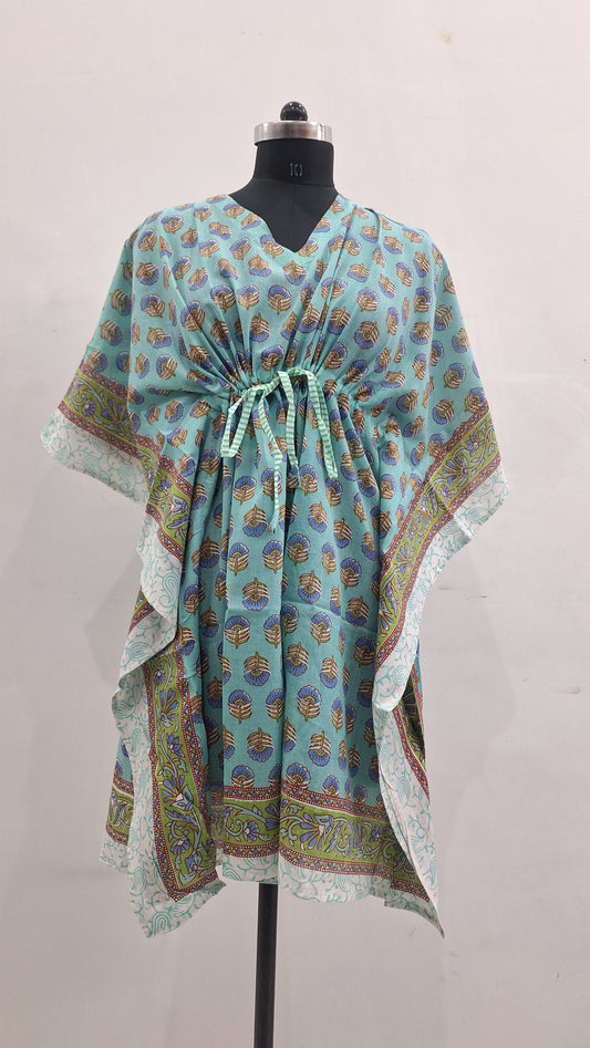 Sea Blue Floral Motif Hand Block Print Kaftan