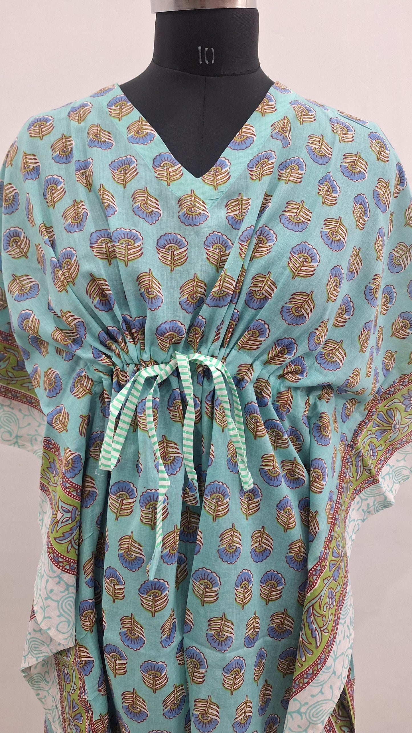 Sea Blue Floral Motif Hand Block Print Kaftan