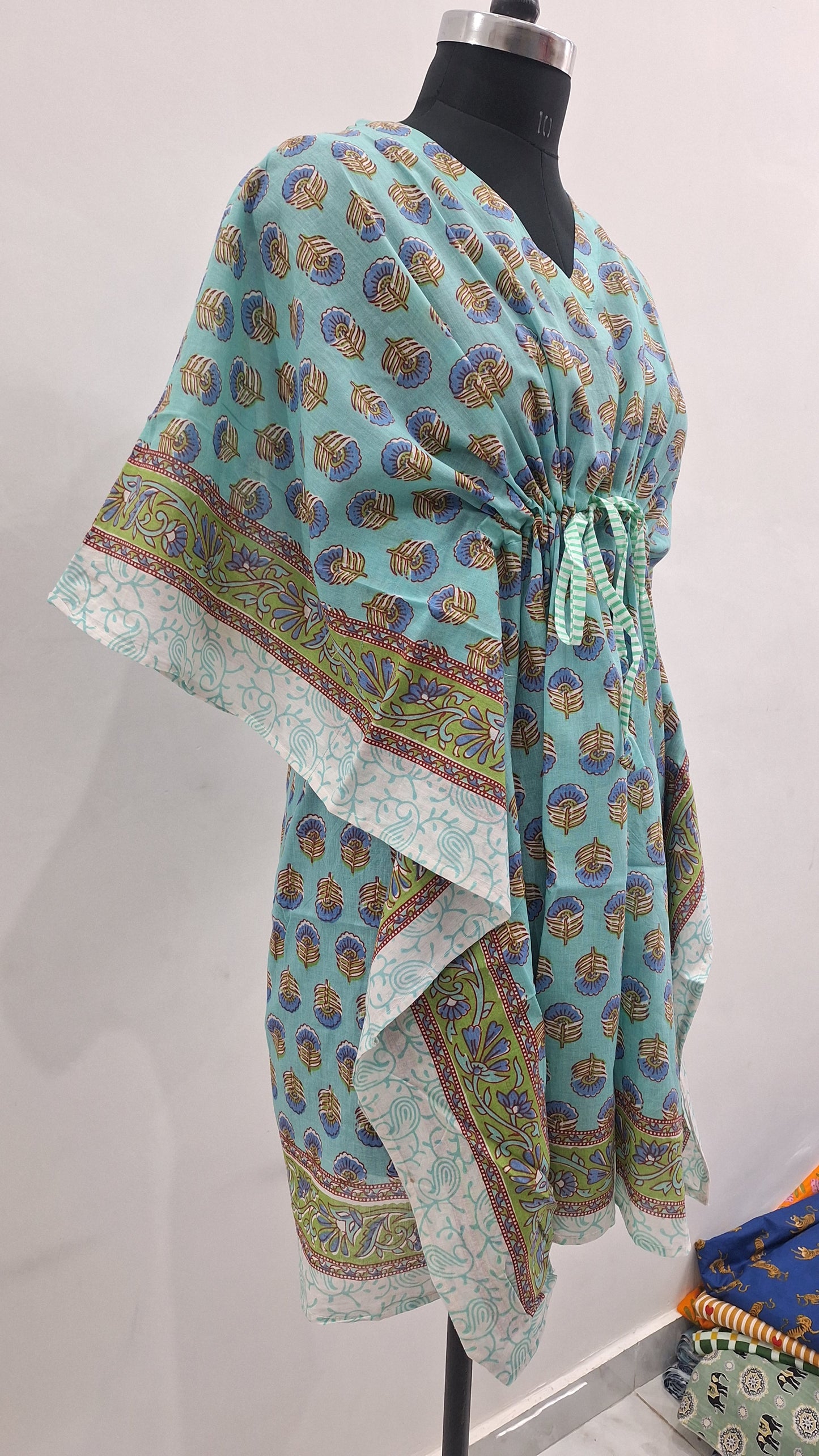 Sea Blue Floral Motif Hand Block Print Kaftan
