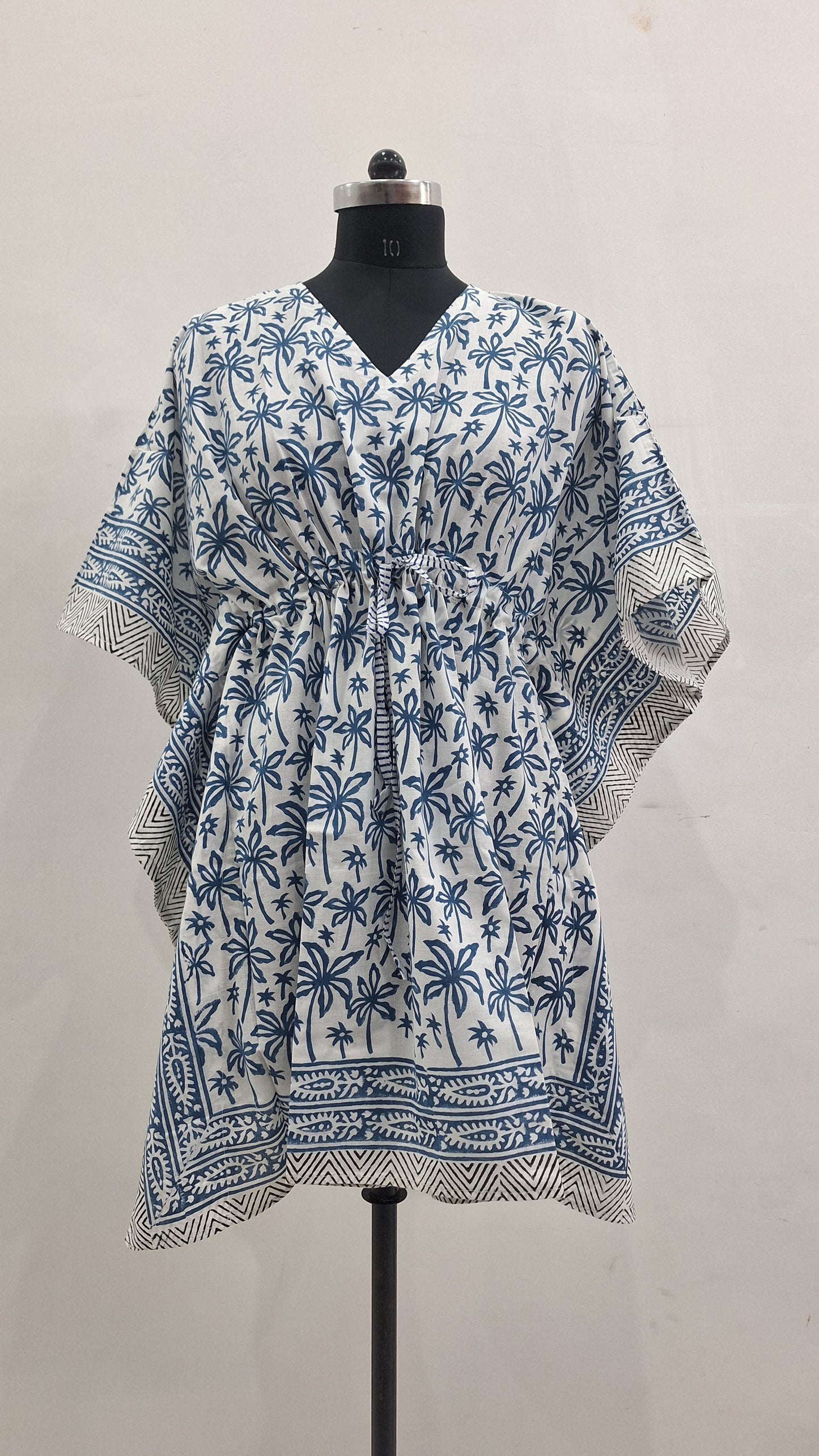 Tropical Blue Palm Hand Block Print Kaftan