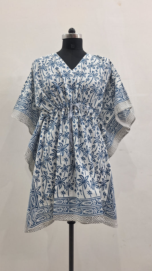 Tropical Blue Palm Hand Block Print Kaftan