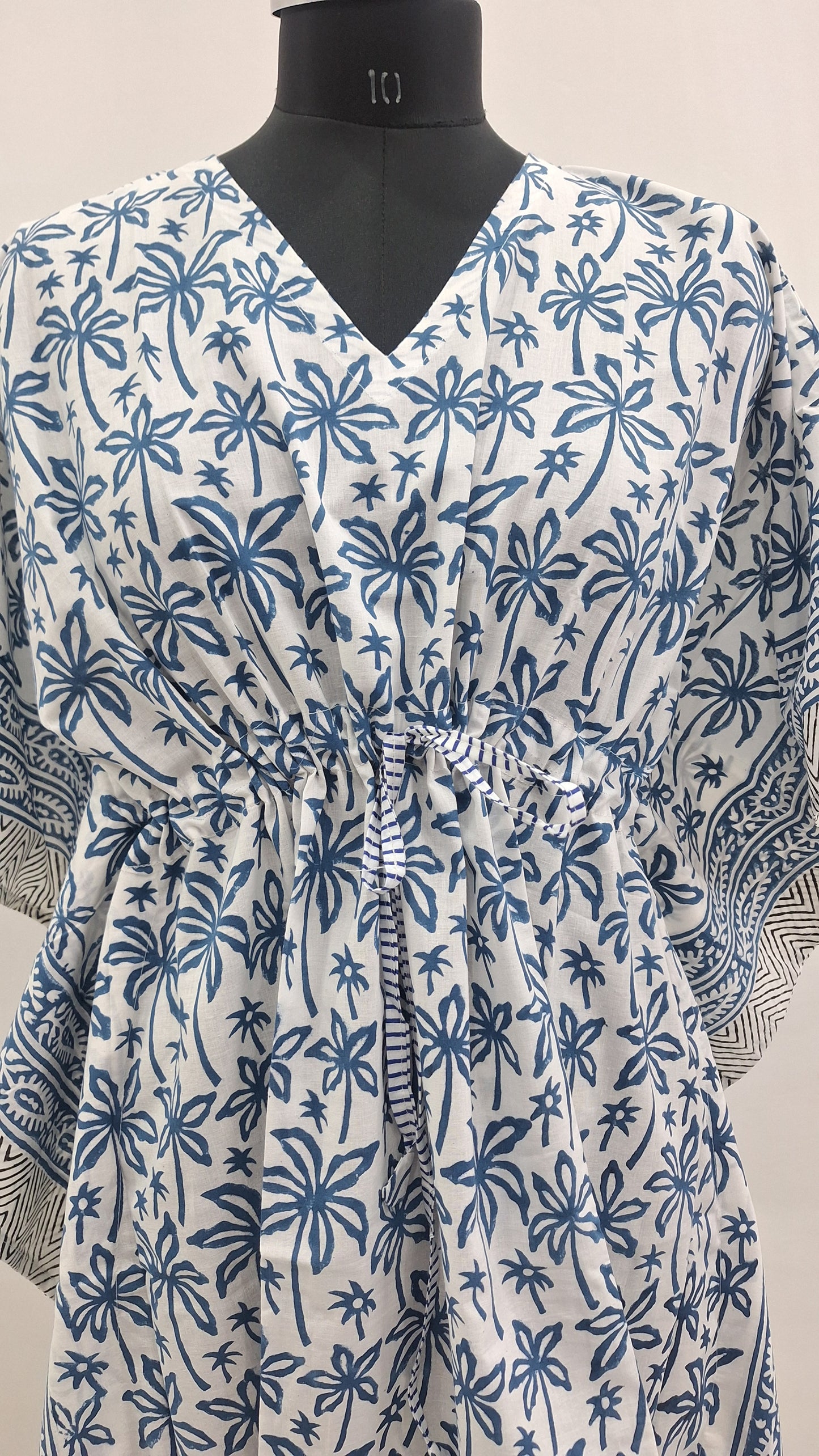 Tropical Blue Palm Hand Block Print Kaftan