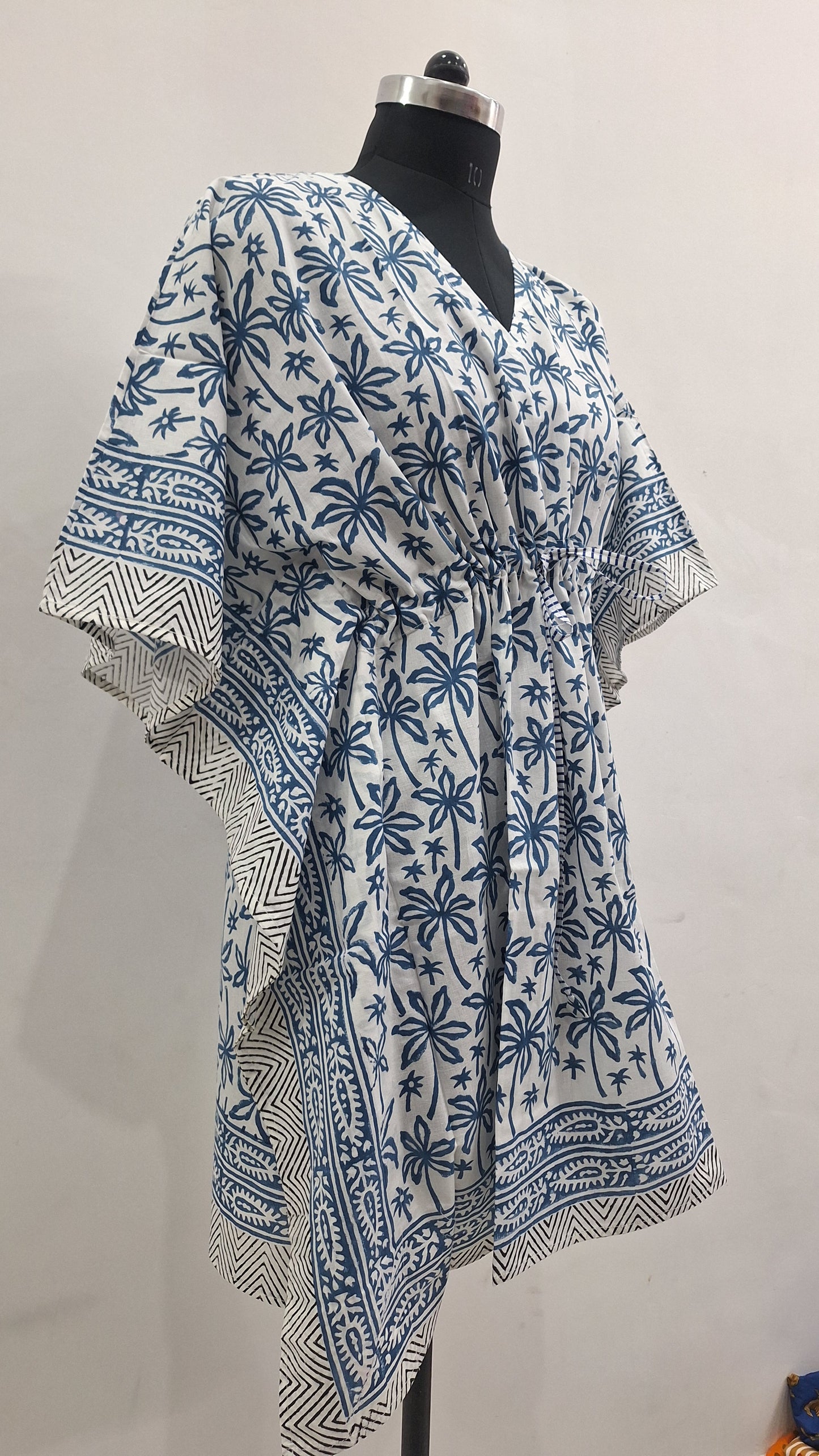 Tropical Blue Palm Hand Block Print Kaftan