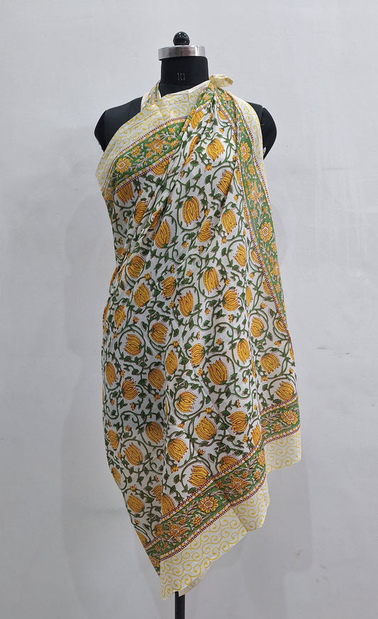 Mustard Yellow Lotus Vine Print Cotton Sarong