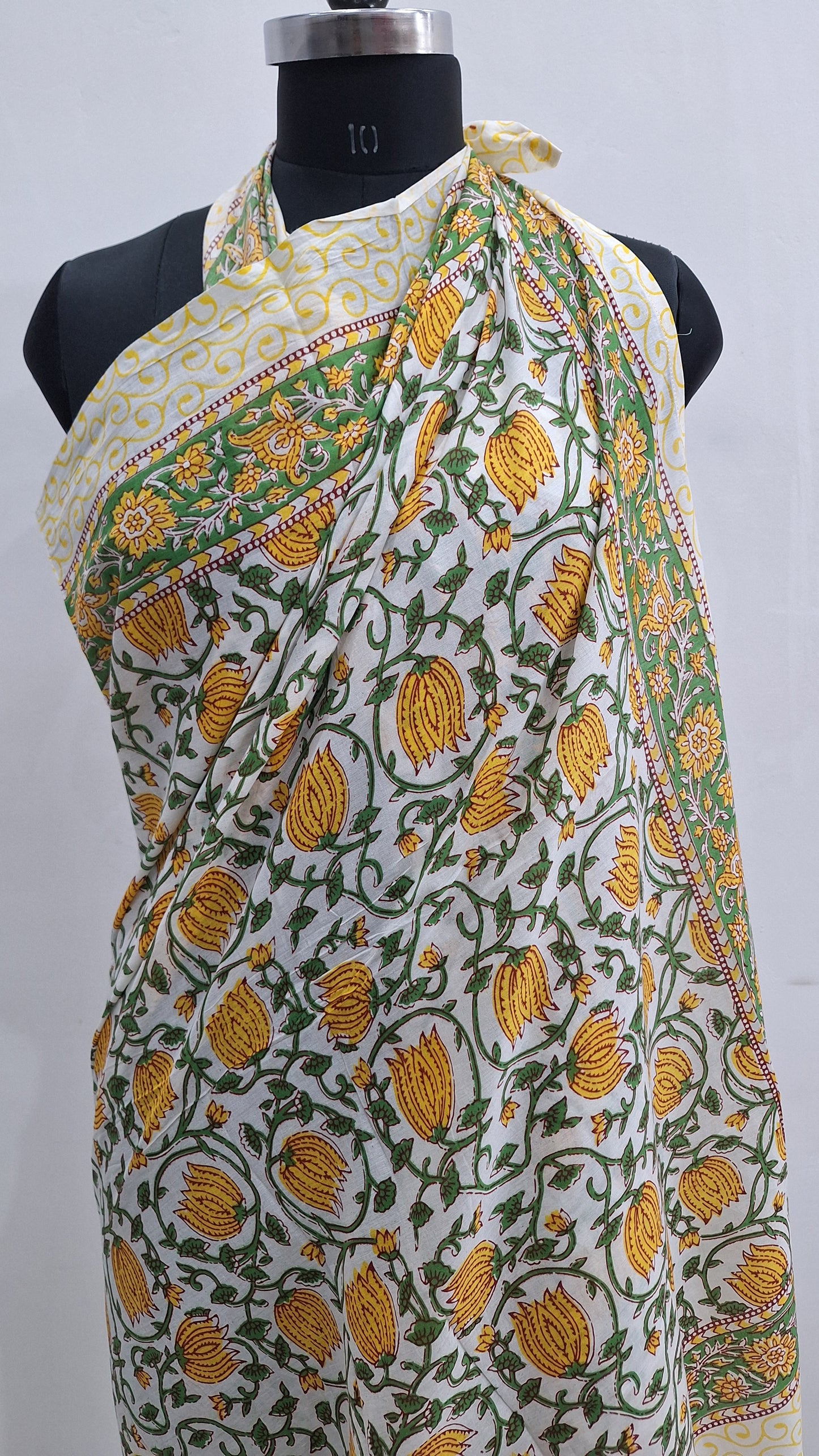 Mustard Yellow Lotus Vine Print Cotton Sarong
