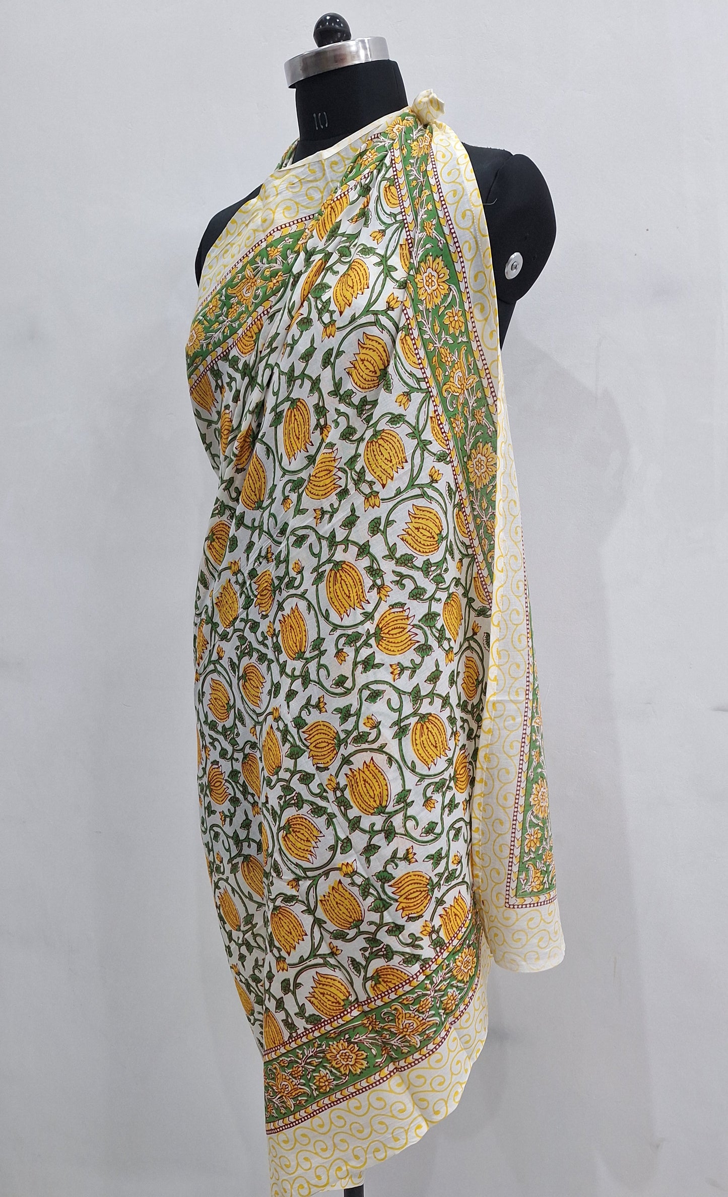 Mustard Yellow Lotus Vine Print Cotton Sarong