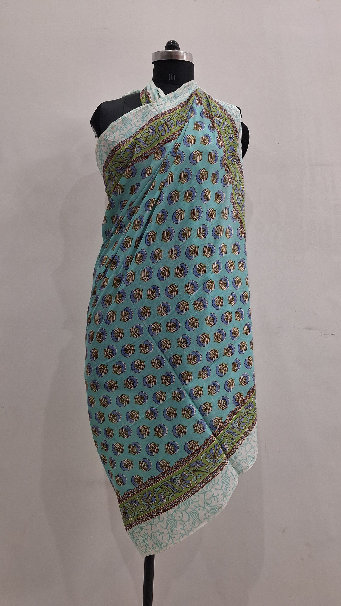 Aqua Blue Floral Print Cotton Cambric Beach Sarong