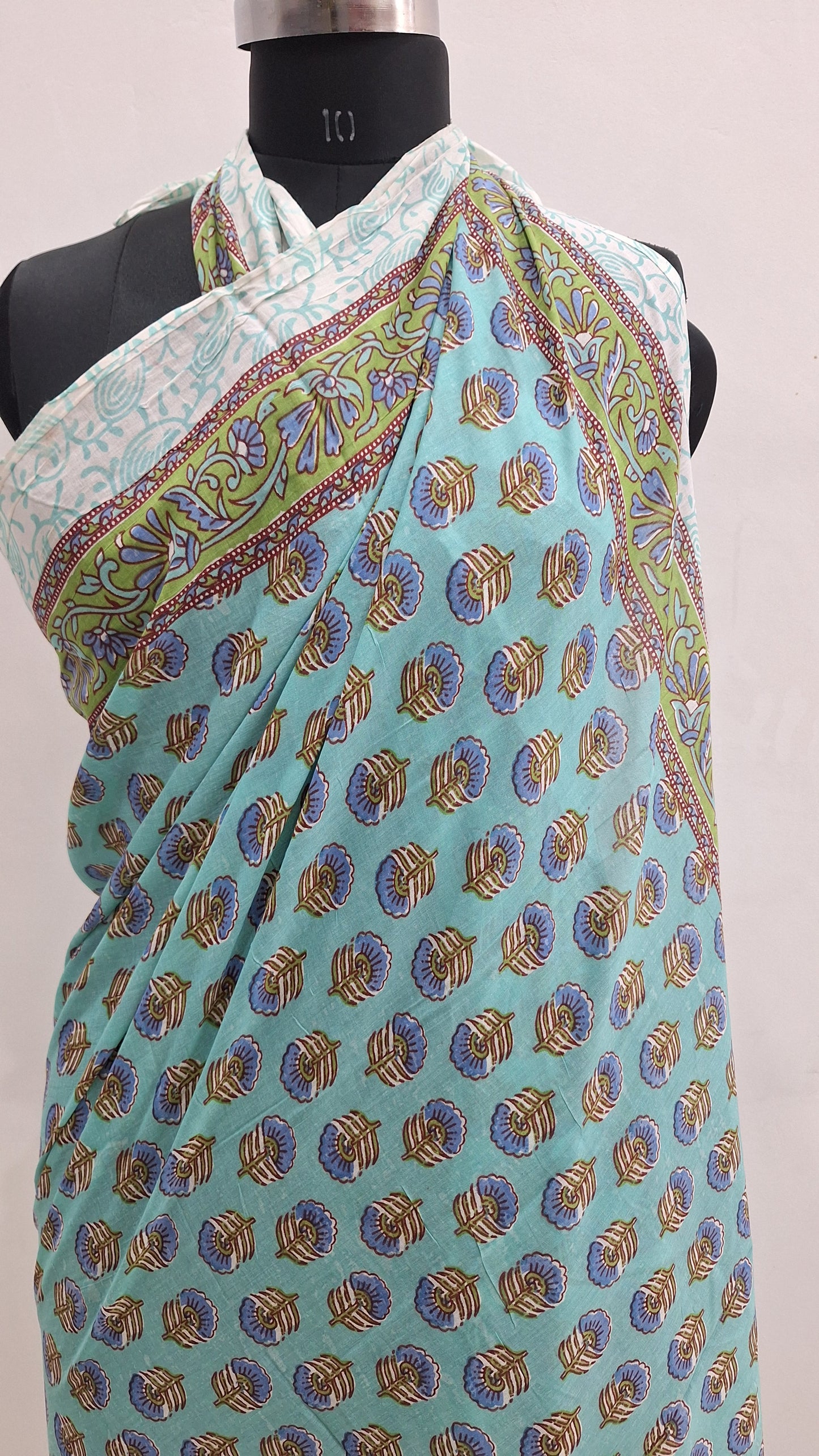 Aqua Blue Floral Print Cotton Cambric Beach Sarong