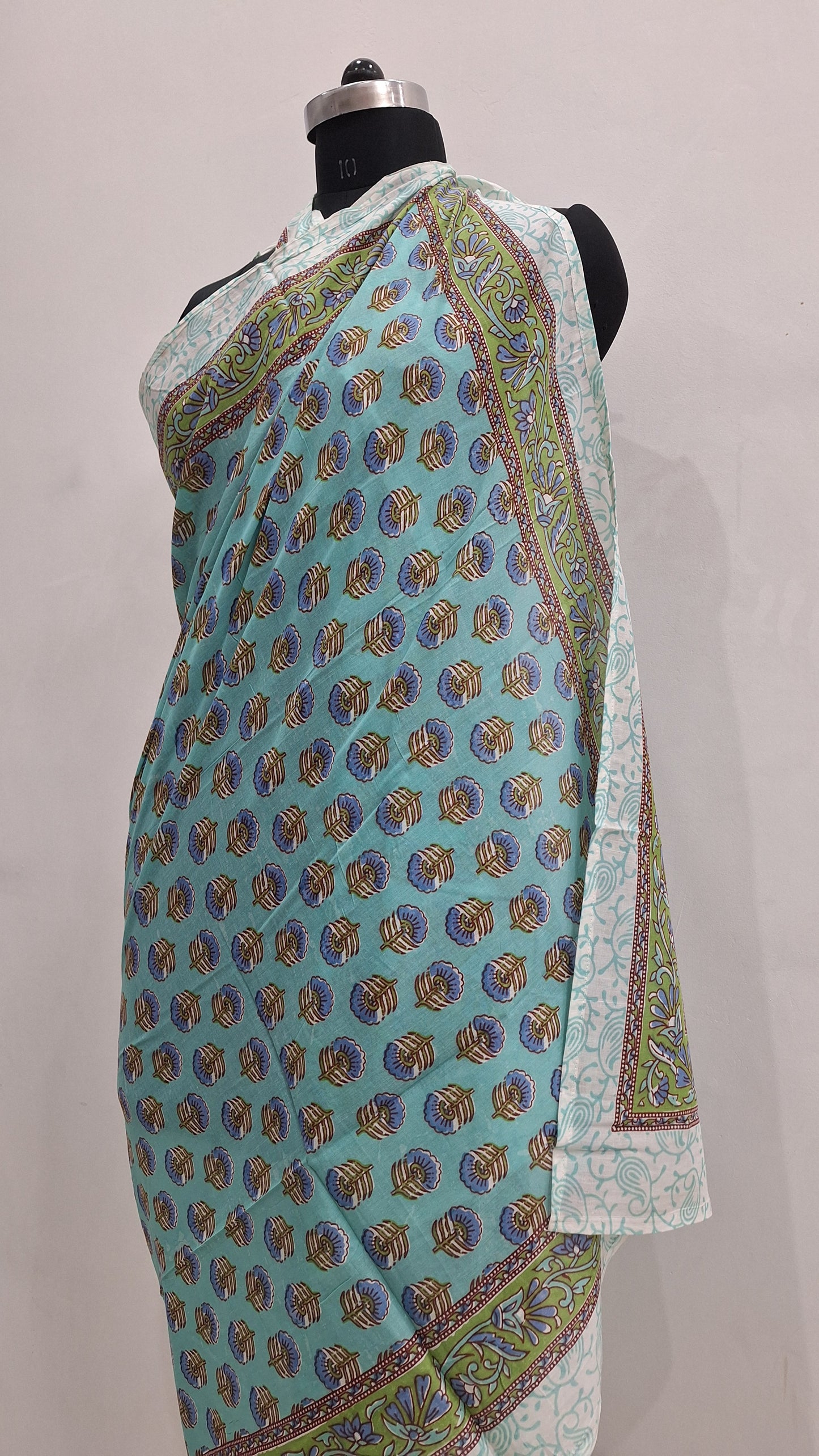 Aqua Blue Floral Print Cotton Cambric Beach Sarong