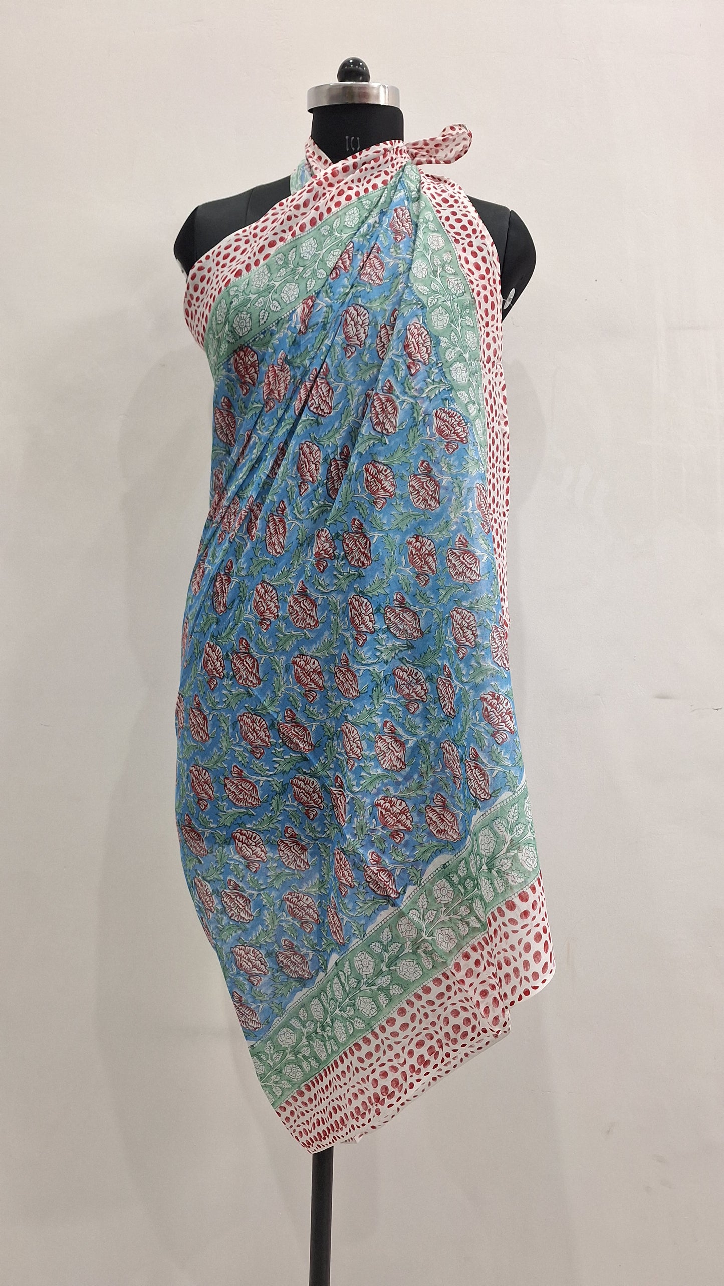 Blue Floral Buta Cotton Beach Sarong with Green Border