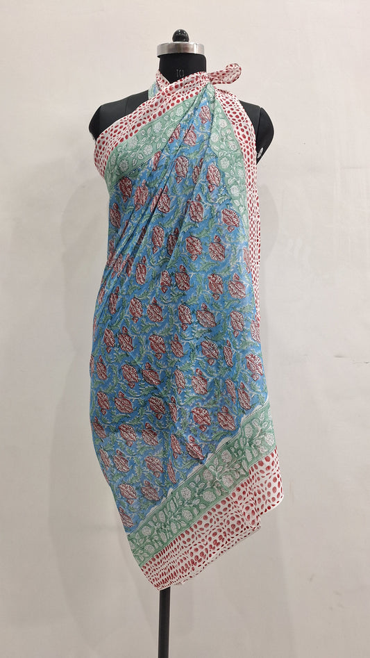 Blue Floral Buta Cotton Beach Sarong with Green Border