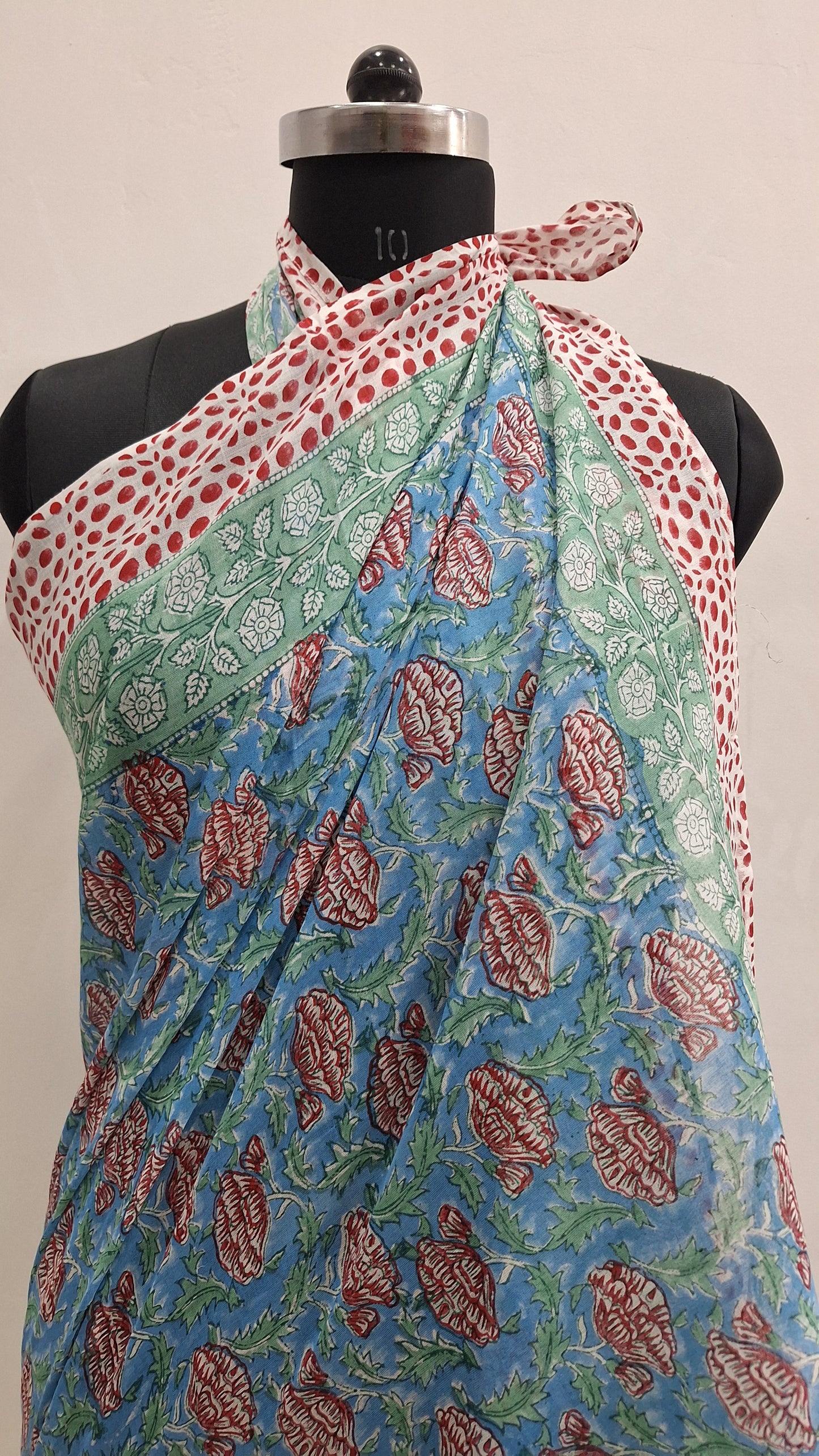 Blue Floral Buta Cotton Beach Sarong with Green Border
