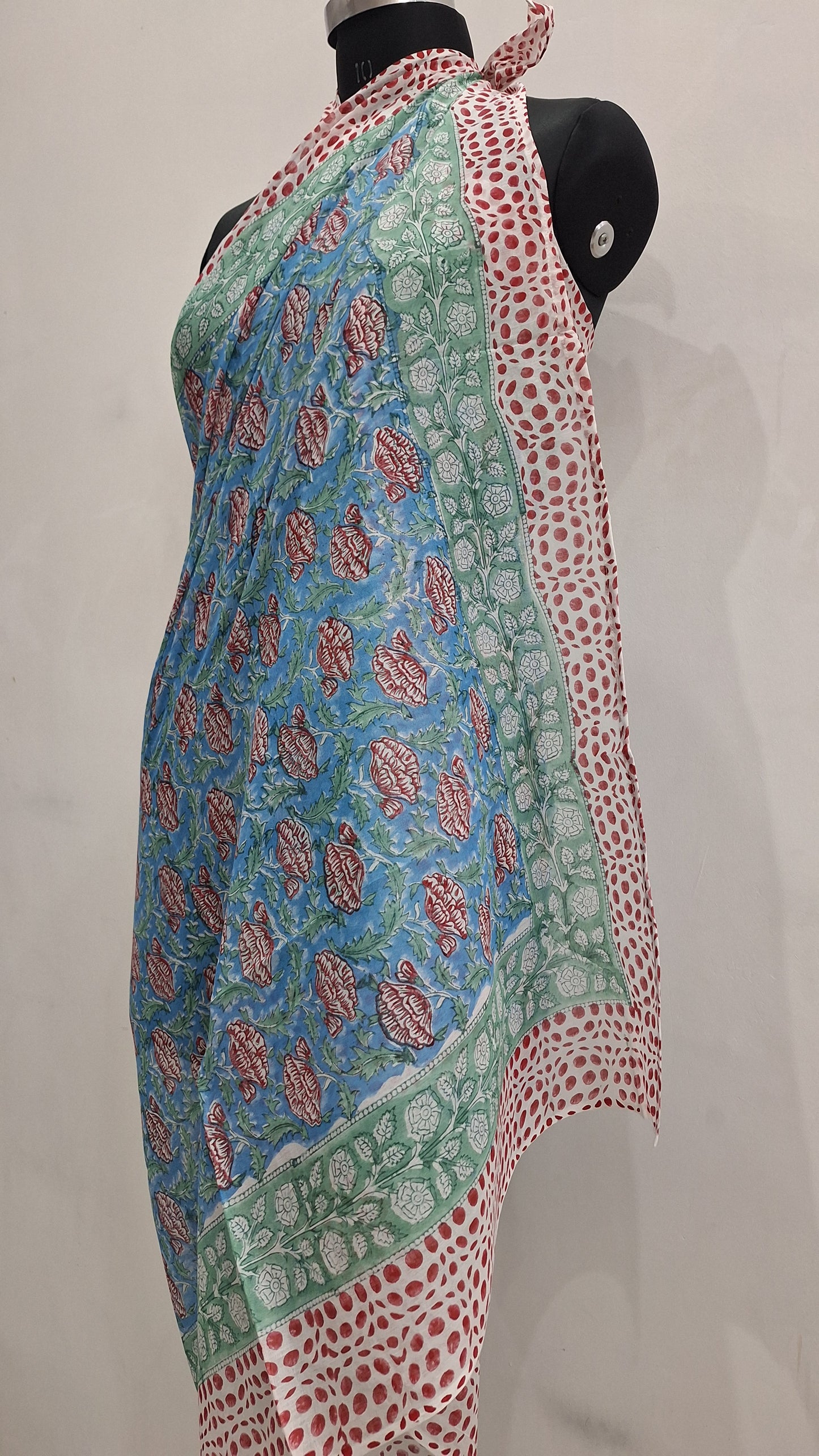 Blue Floral Buta Cotton Beach Sarong with Green Border