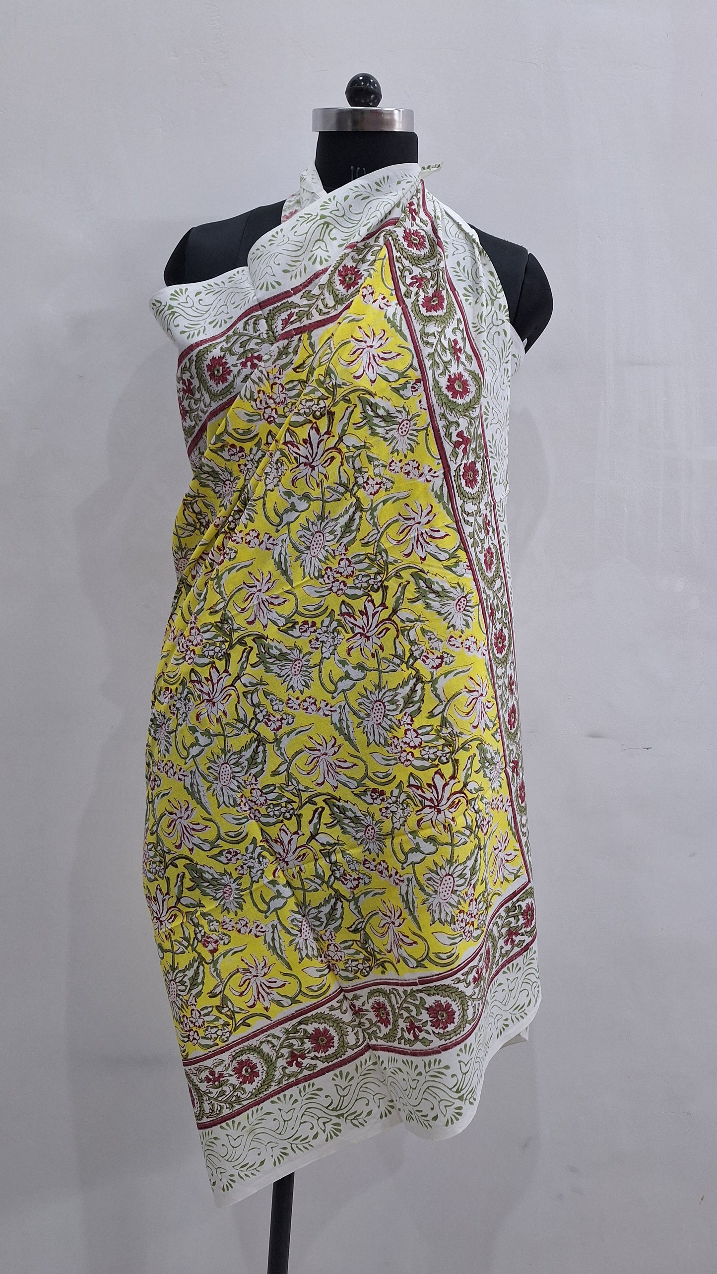 Sunlit Yellow Floral Hand Block Print Cotton Sarong with Border