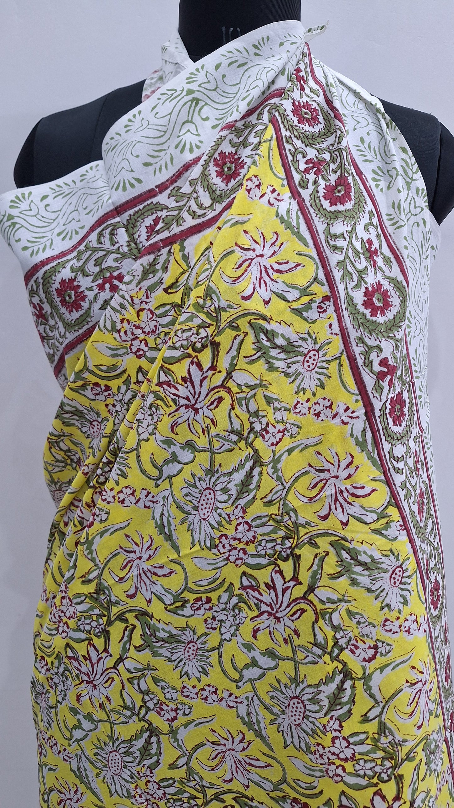 Sunlit Yellow Floral Hand Block Print Cotton Sarong with Border