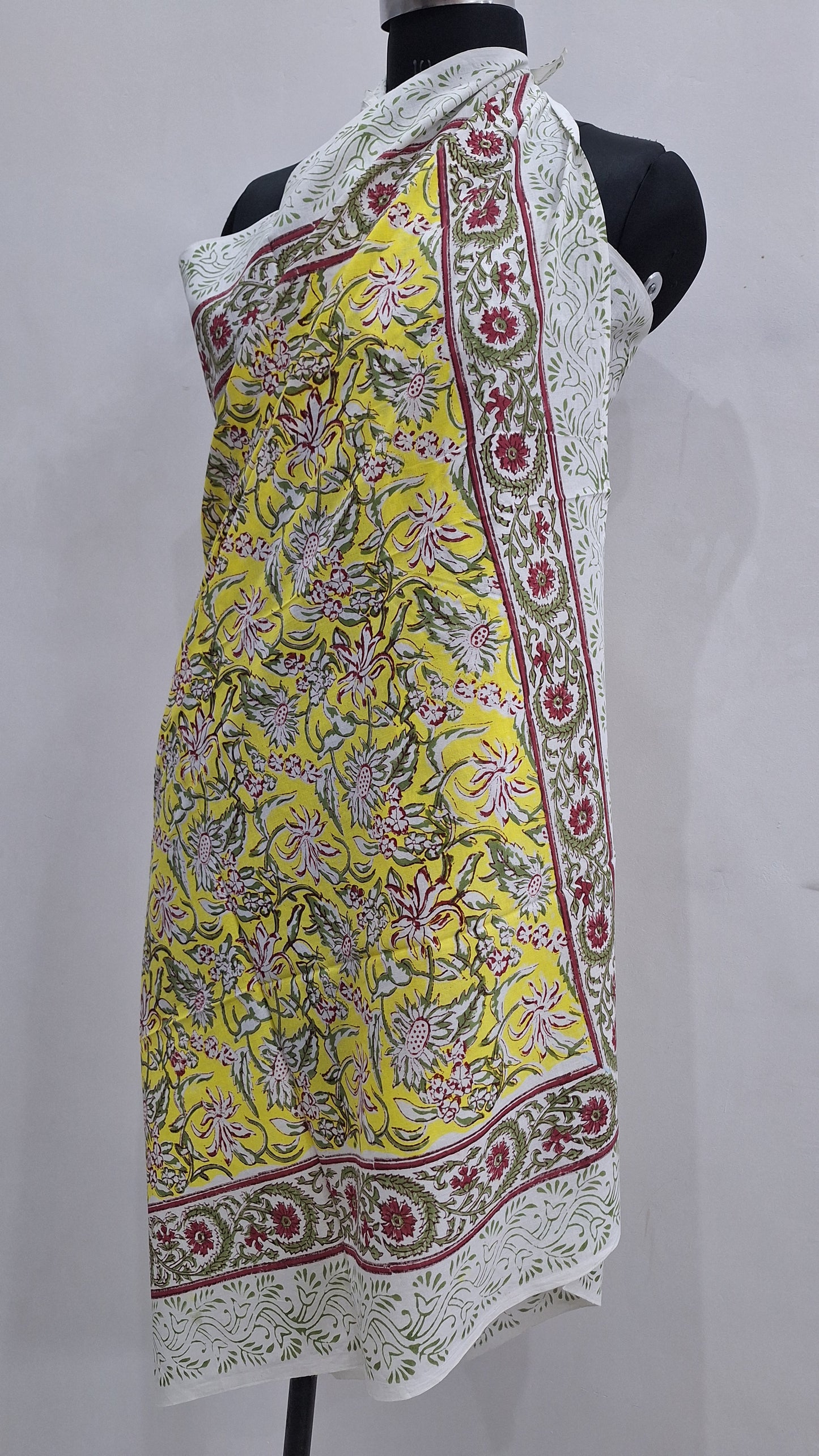 Sunlit Yellow Floral Hand Block Print Cotton Sarong with Border