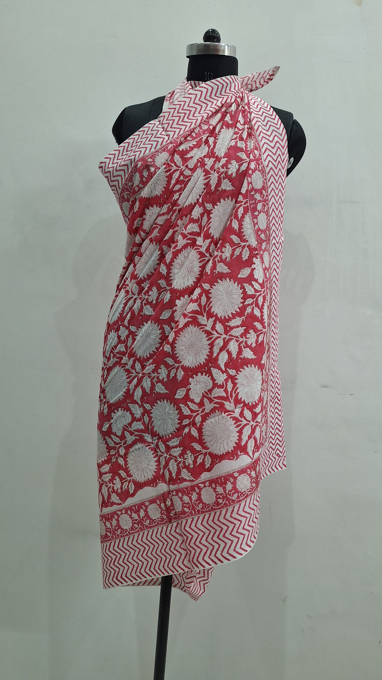 Red Floral Cotton Cambric Beach Sarong with Zigzag Border