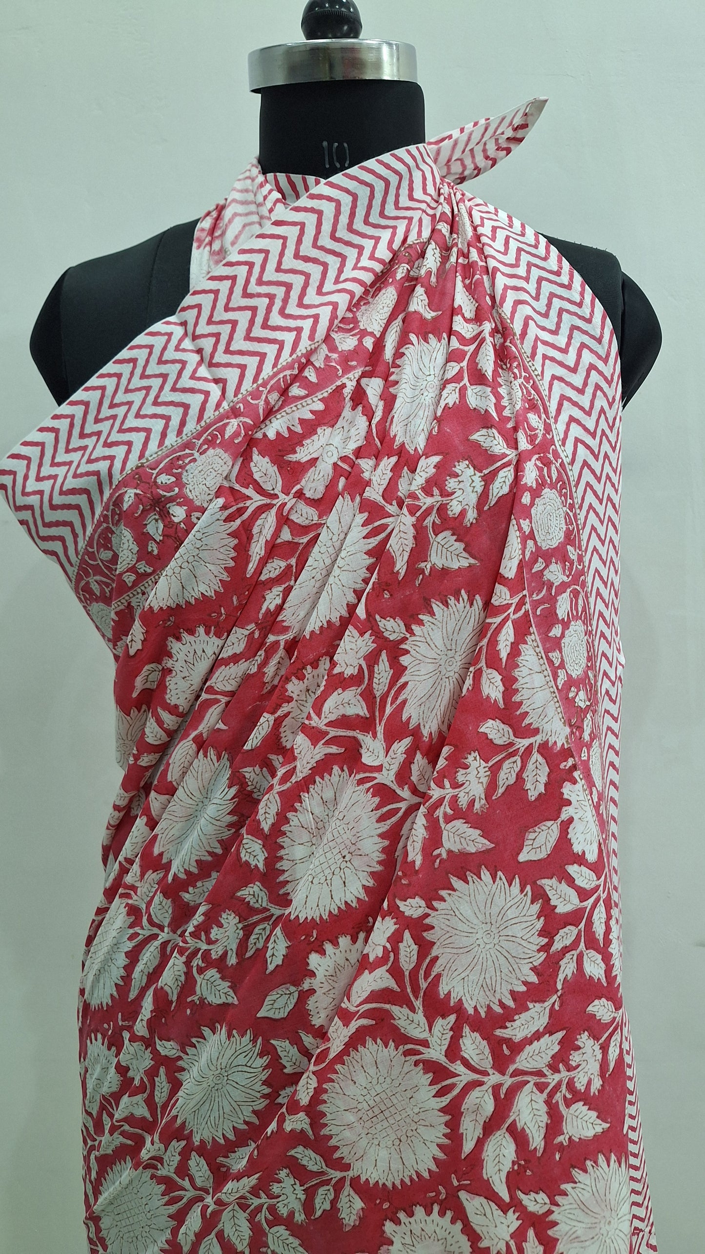 Red Floral Cotton Cambric Beach Sarong with Zigzag Border
