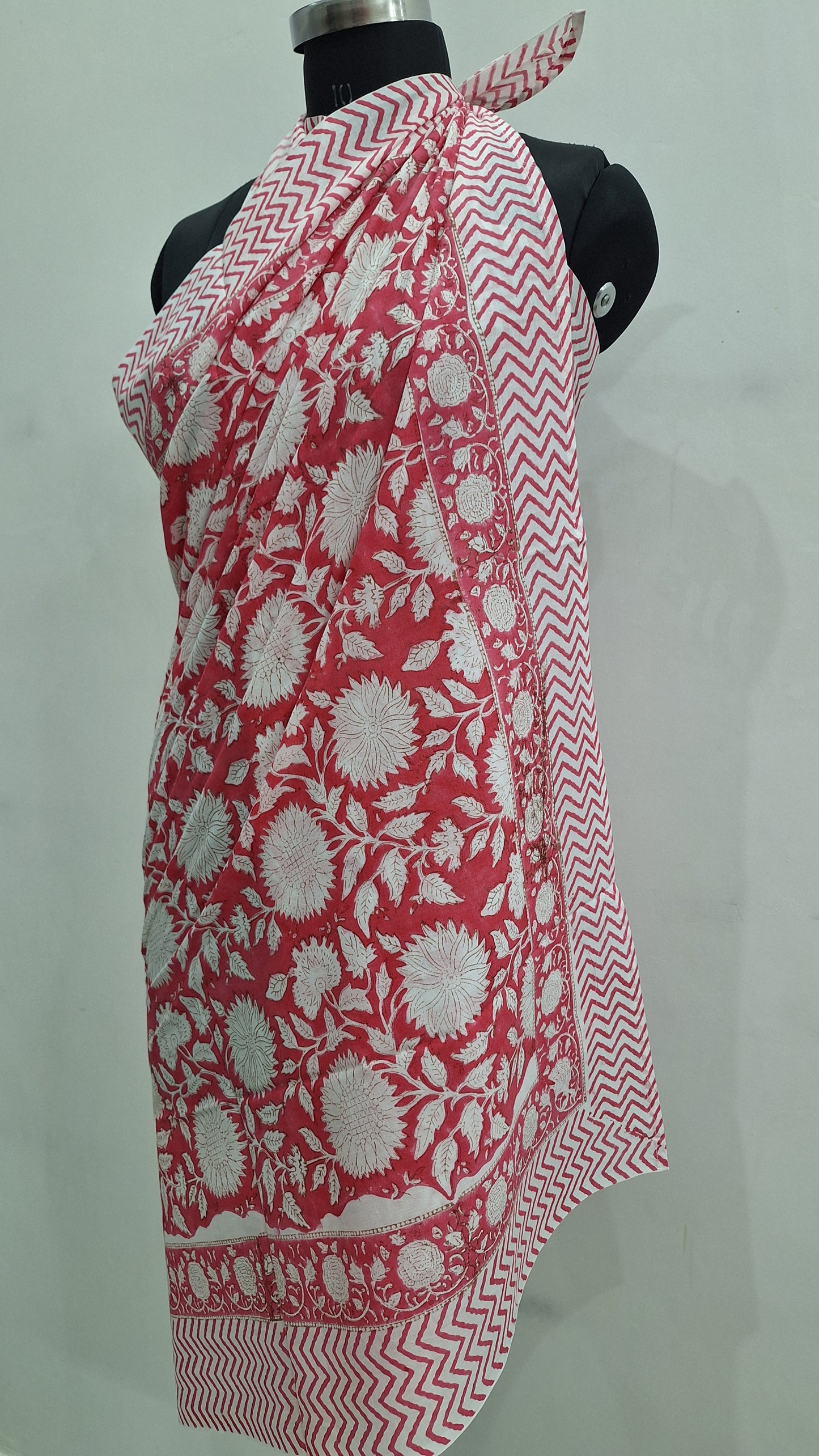 Red Floral Cotton Cambric Beach Sarong with Zigzag Border