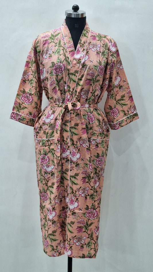Hand block printed cotton bathrobe