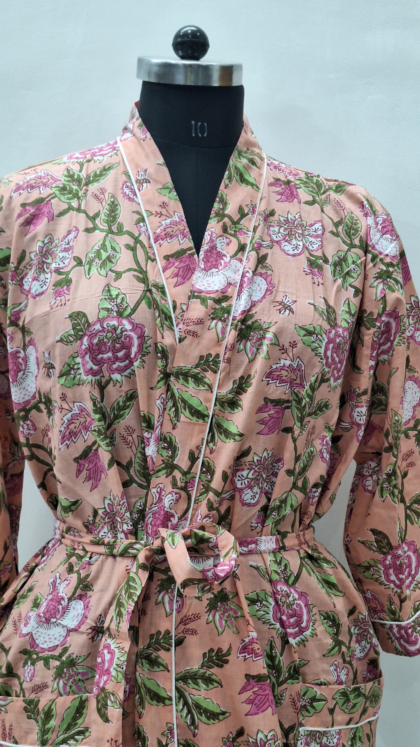 Hand block printed cotton bathrobe