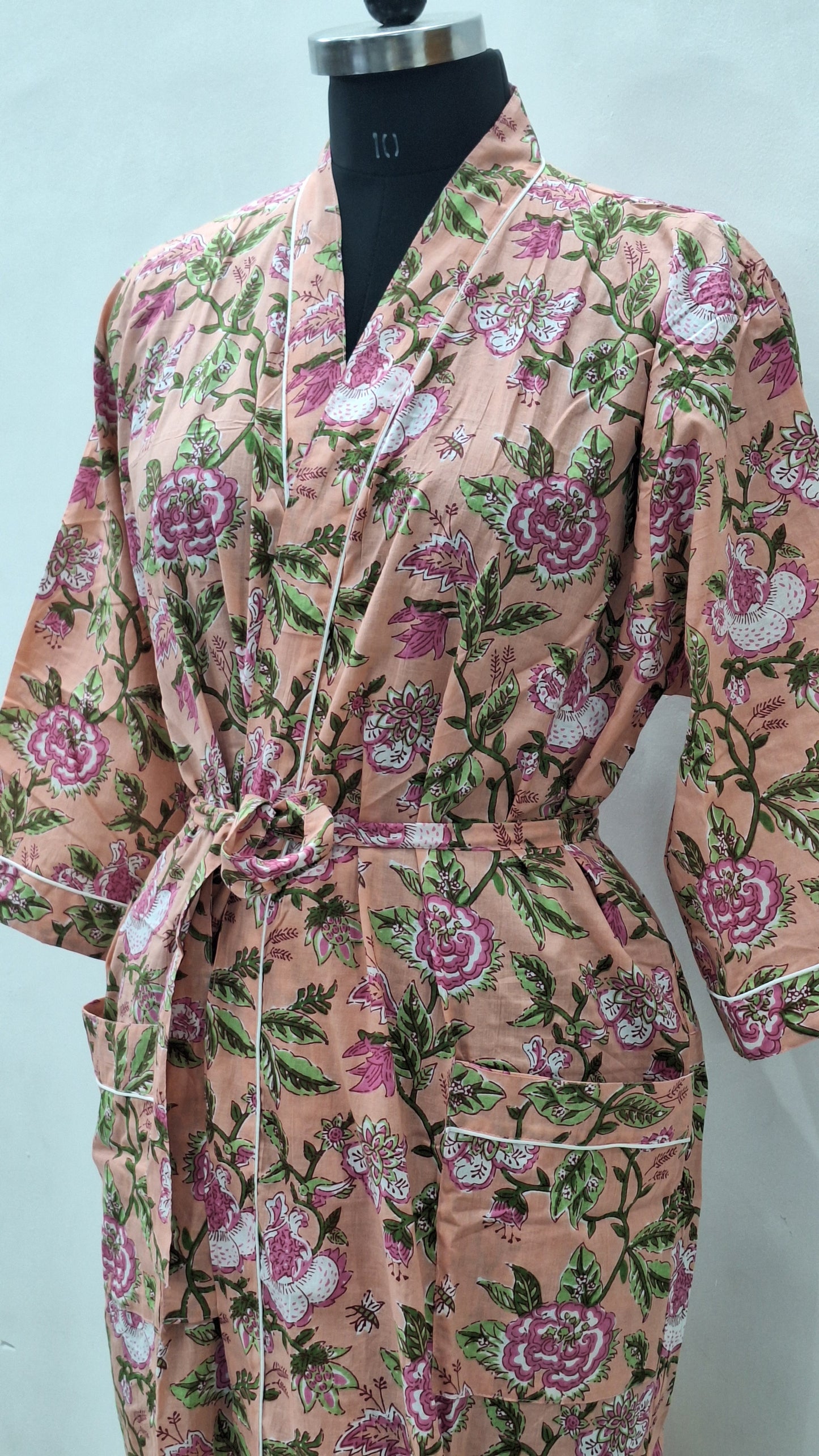 Hand block printed cotton bathrobe