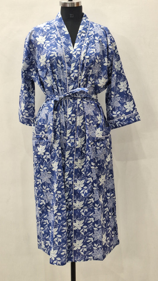 Blue & White Tropical Floral Cotton Robe with Leafy Blossom Print