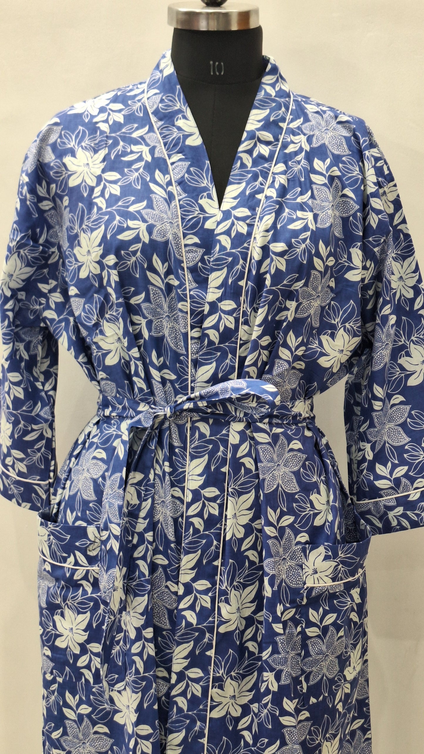 Blue & White Tropical Floral Cotton Robe with Leafy Blossom Print