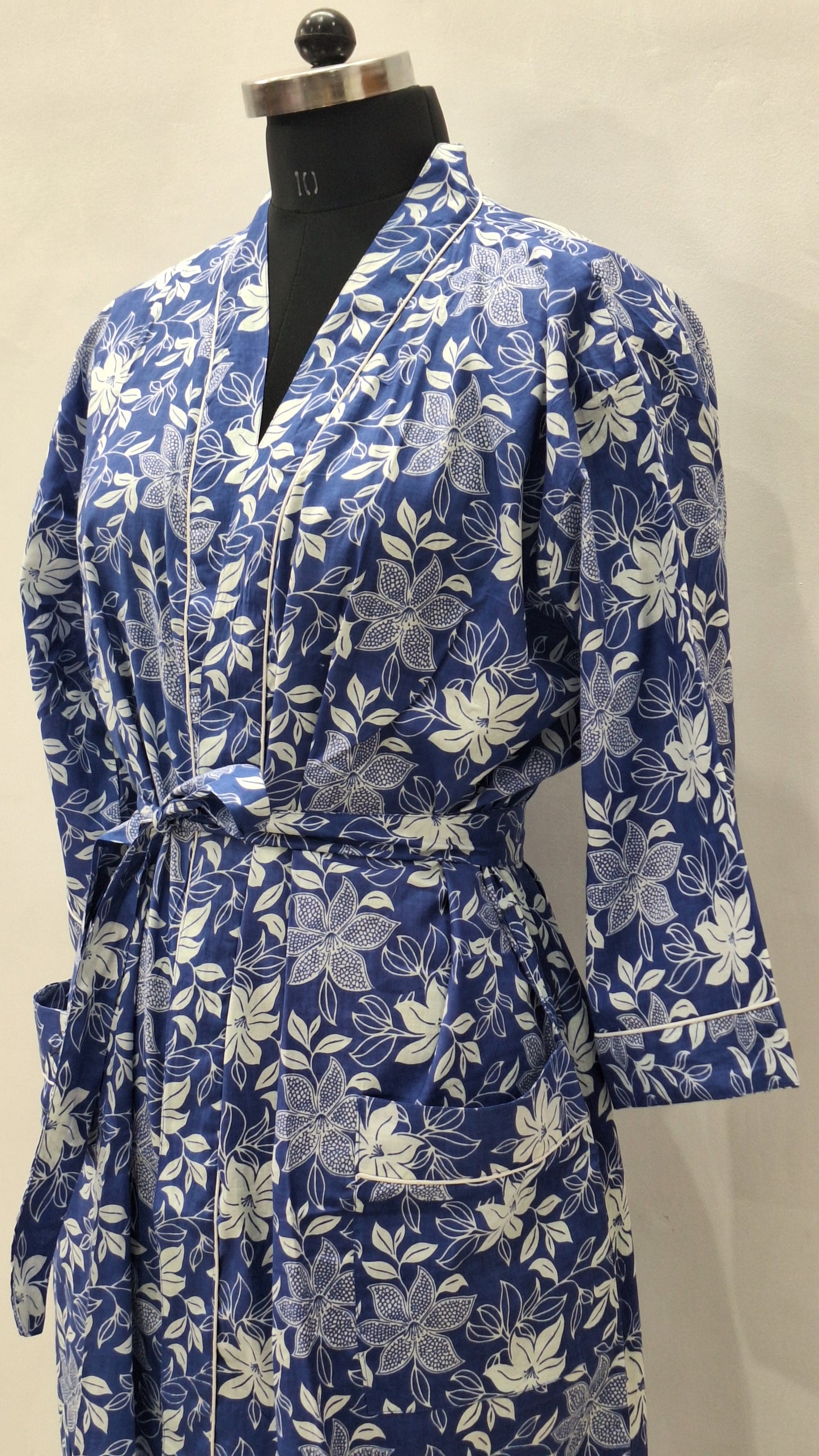 Blue & White Tropical Floral Cotton Robe with Leafy Blossom Print