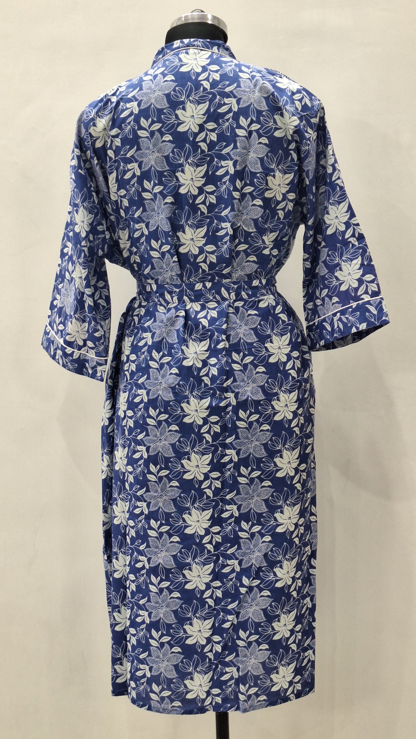 Blue & White Tropical Floral Cotton Robe with Leafy Blossom Print