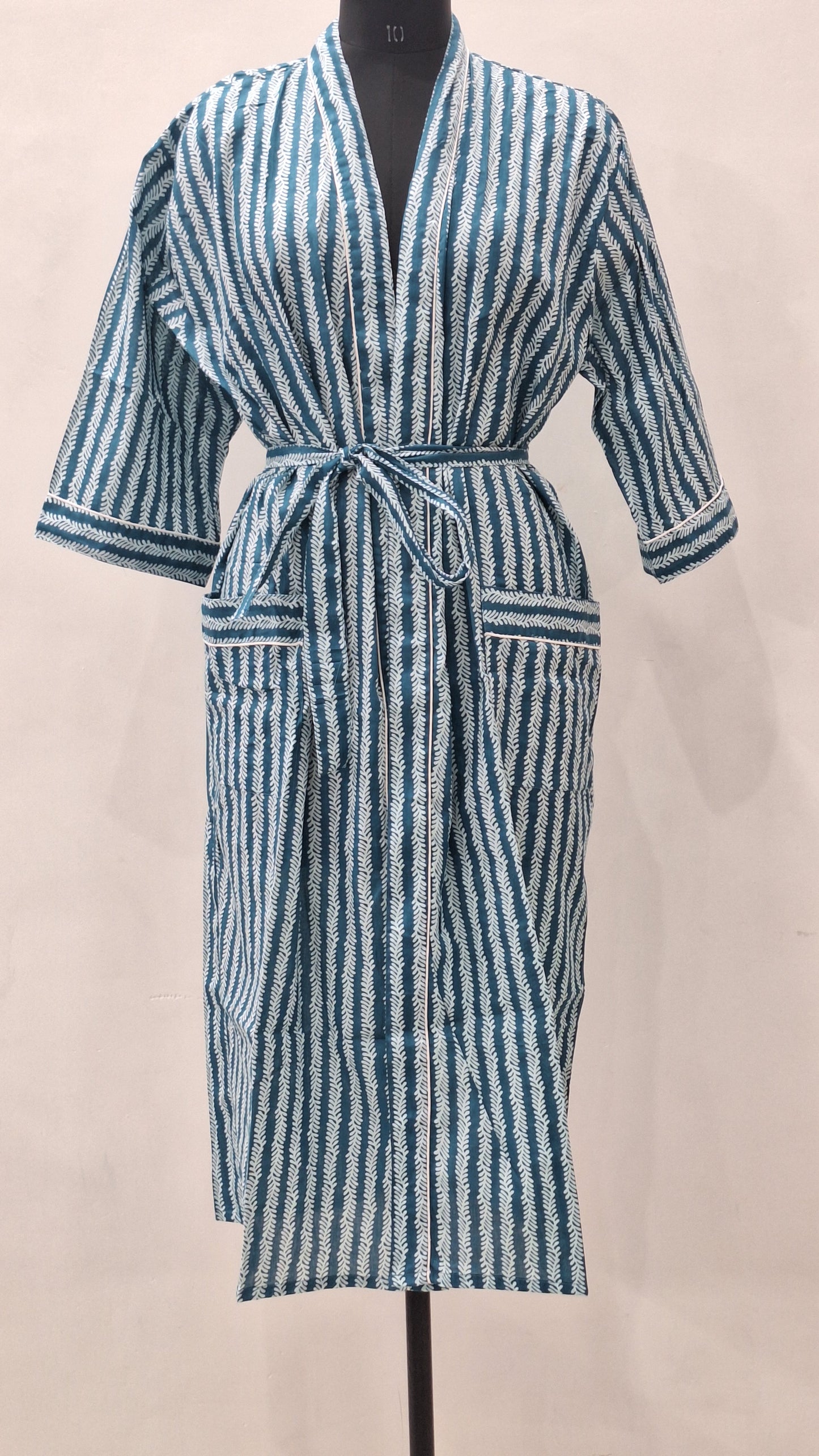 Handcrafted Teal Botanical Print Cotton Kimono Style Lounge Robe